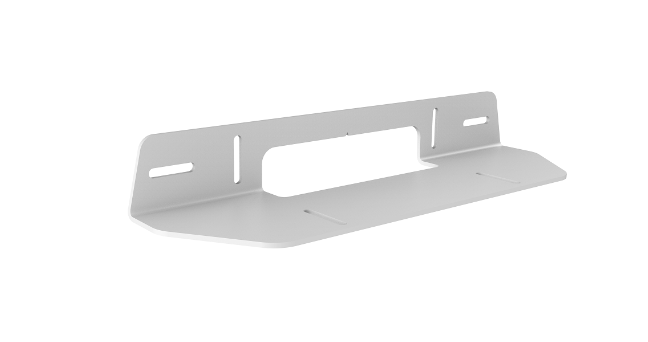 Een witte, rechthoekige metalen plank met een centrale uitsparing, geïsoleerd op een witte achtergrond.