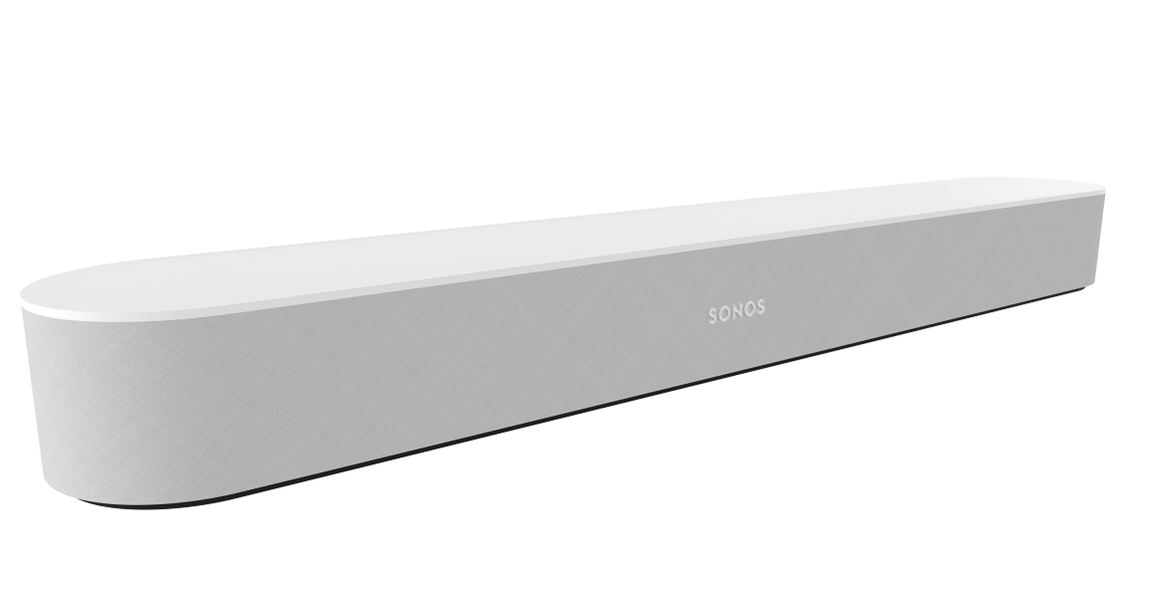 Witte Sonos soundbar met grijze luidsprekerstof en het 'SONOS'-logo op een witte achtergrond.