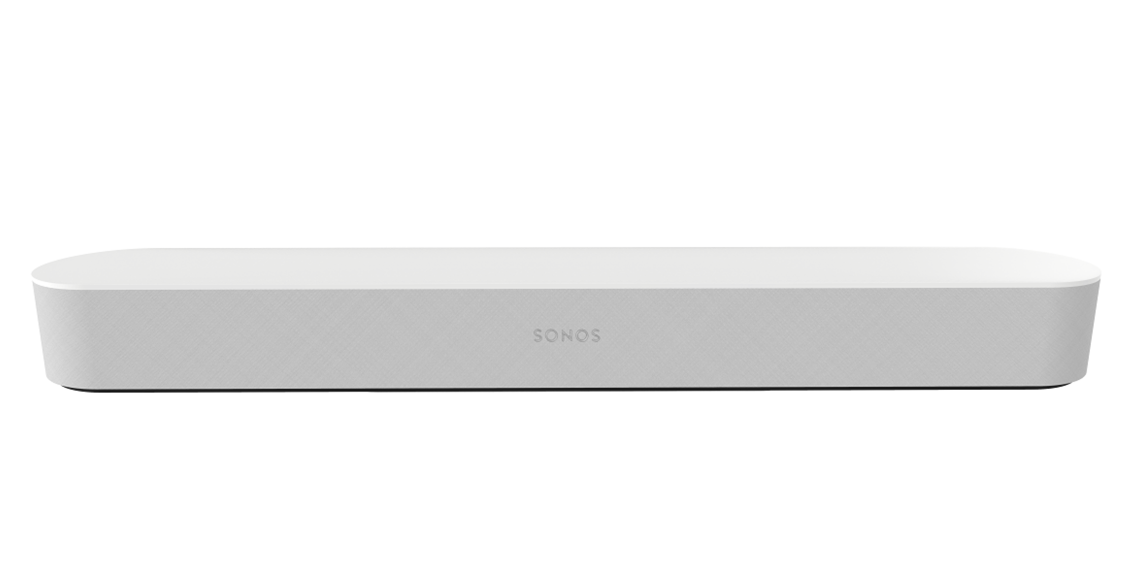 Witte Sonos soundbar. Lange, rechthoekige vorm. Witte kleur. Witte achtergrond.