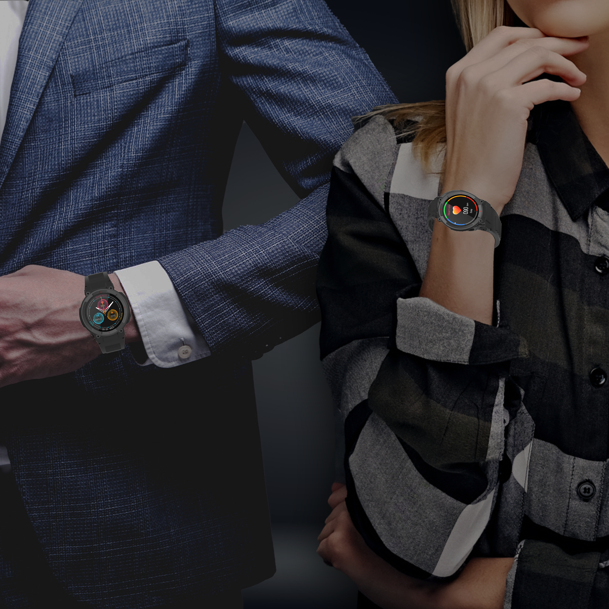 Two people wearing smartwatches. One in a suit, the other in a plaid shirt.