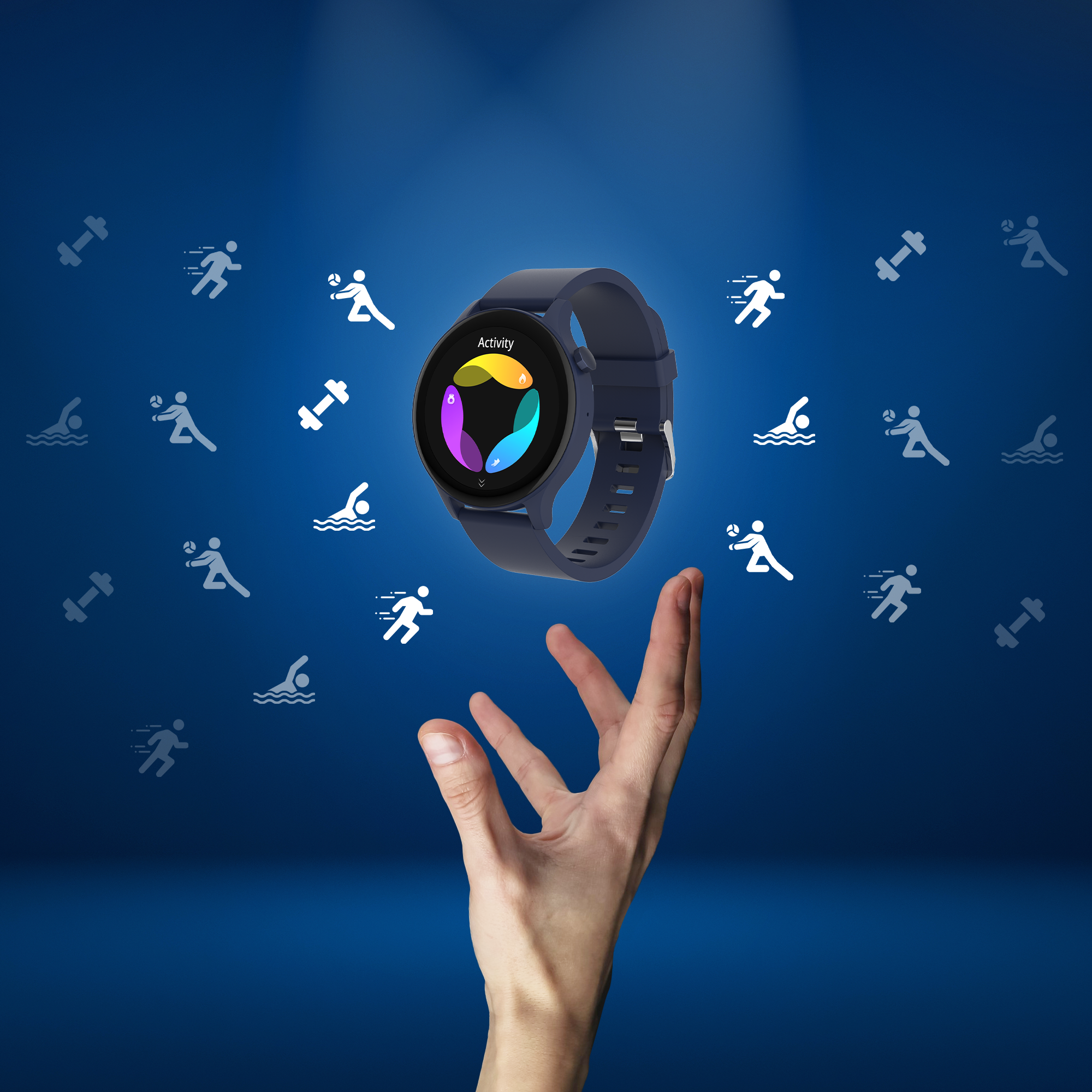 A person's hand holding a smart watch, with activity icons in the background.