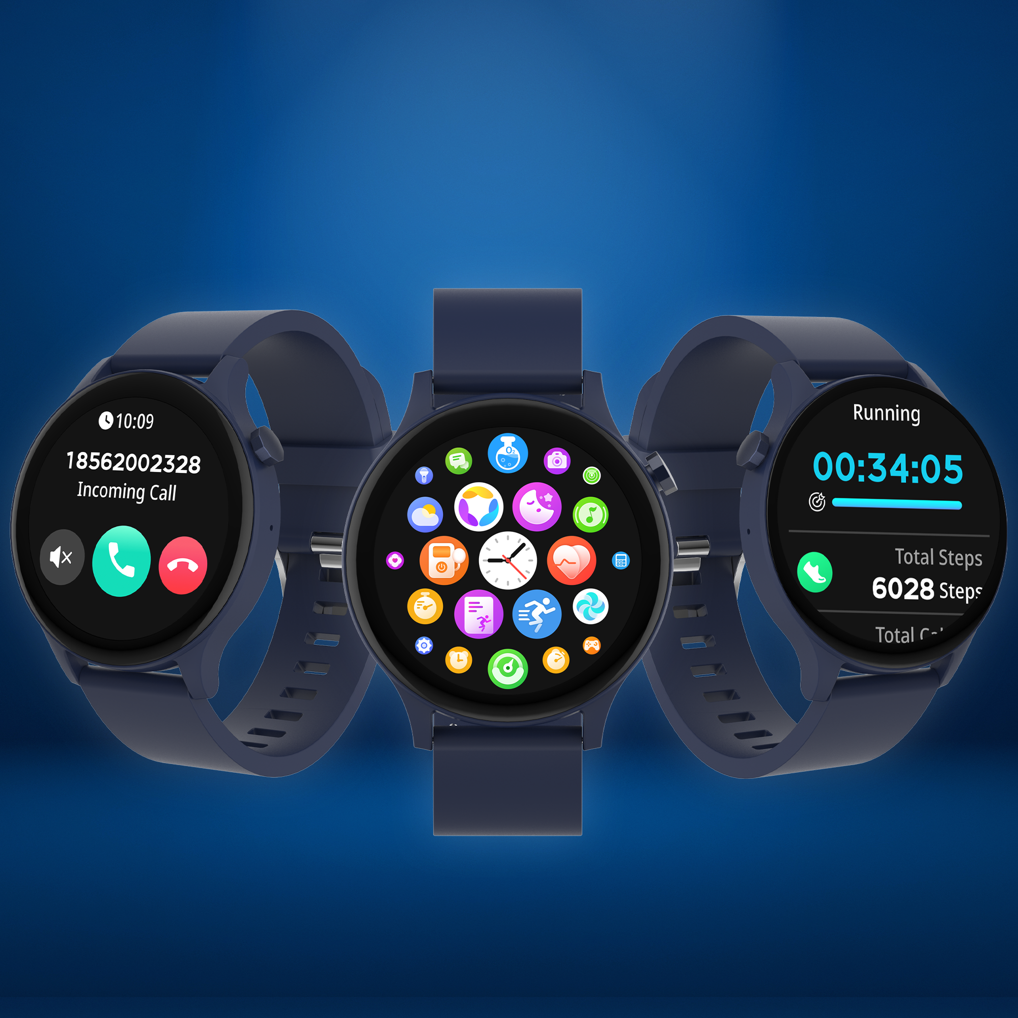 Three smartwatches displaying different information, including incoming call, activity, and running time.
