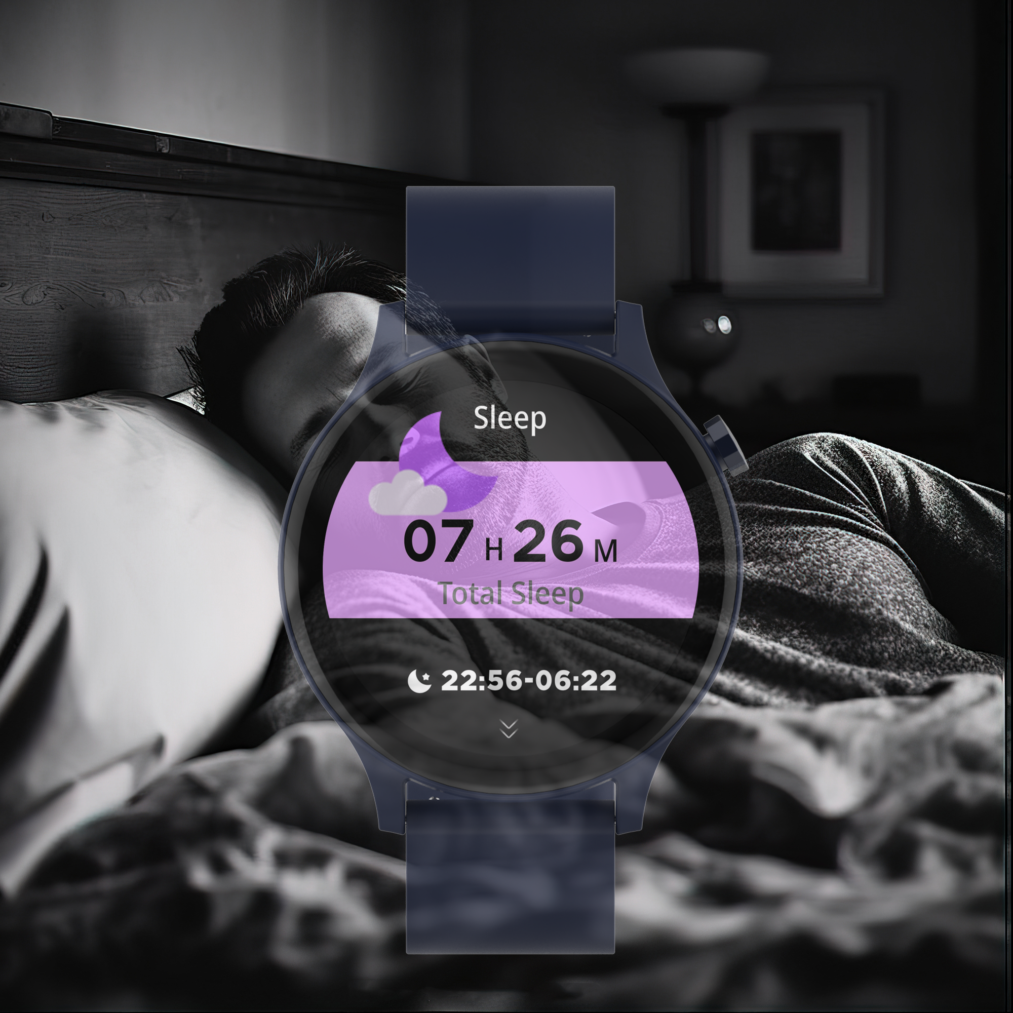 Man wearing smartwatch in bed, showing sleep data.  7h 26m total sleep.