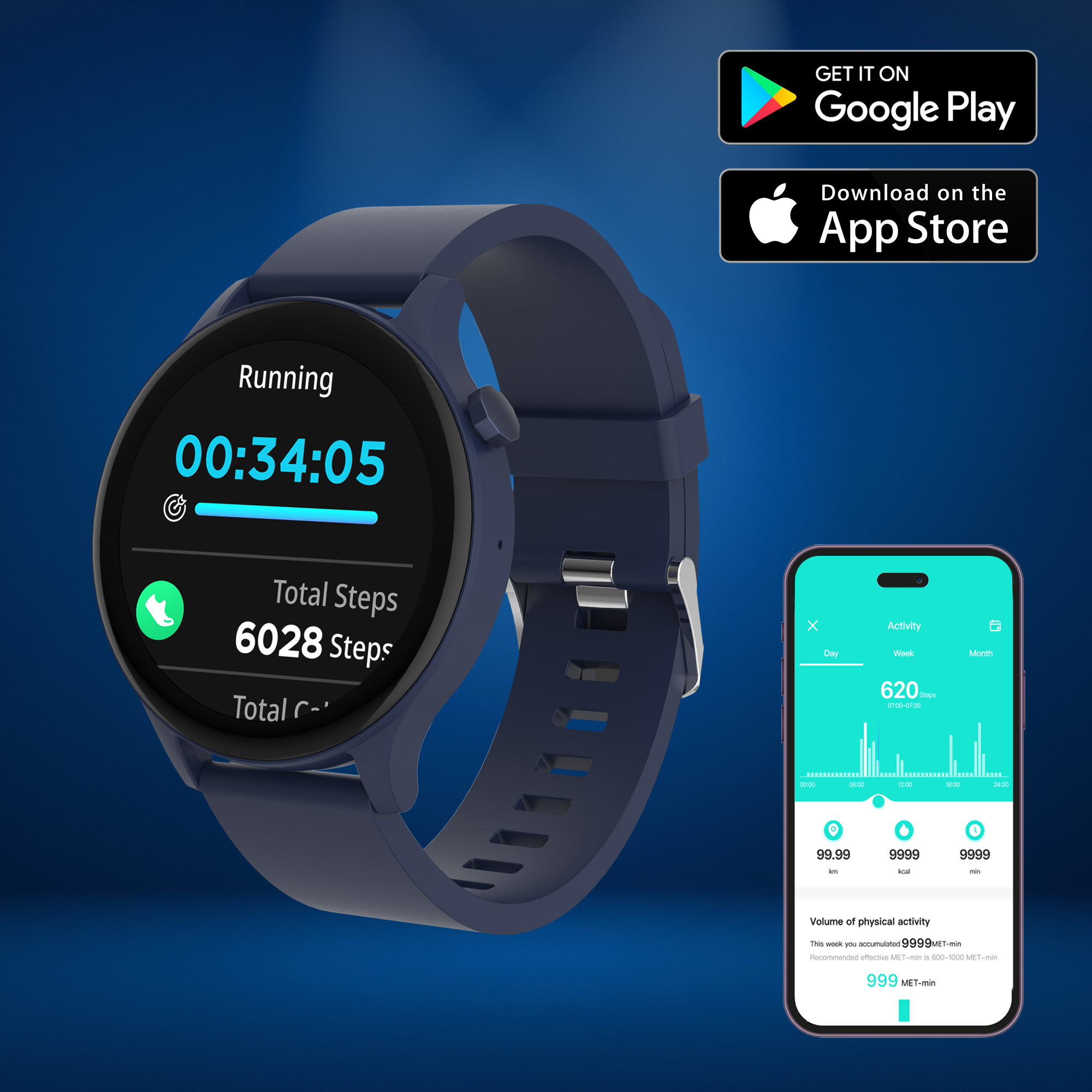 Smartwatch displaying running time and steps, with a phone showing activity stats and app icons.