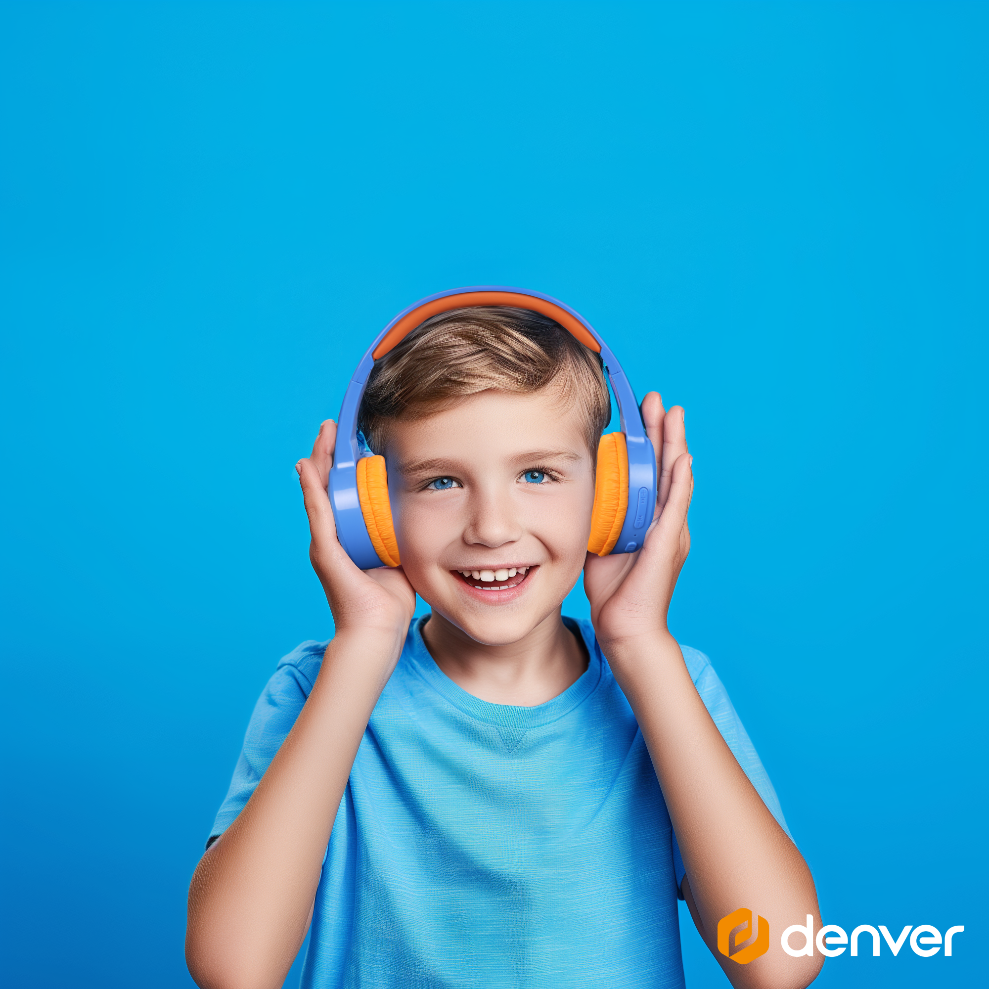 Młody chłopiec z niebieskimi oczami i pomarańczowo-niebieskimi słuchawkami uśmiecha się do kamery.