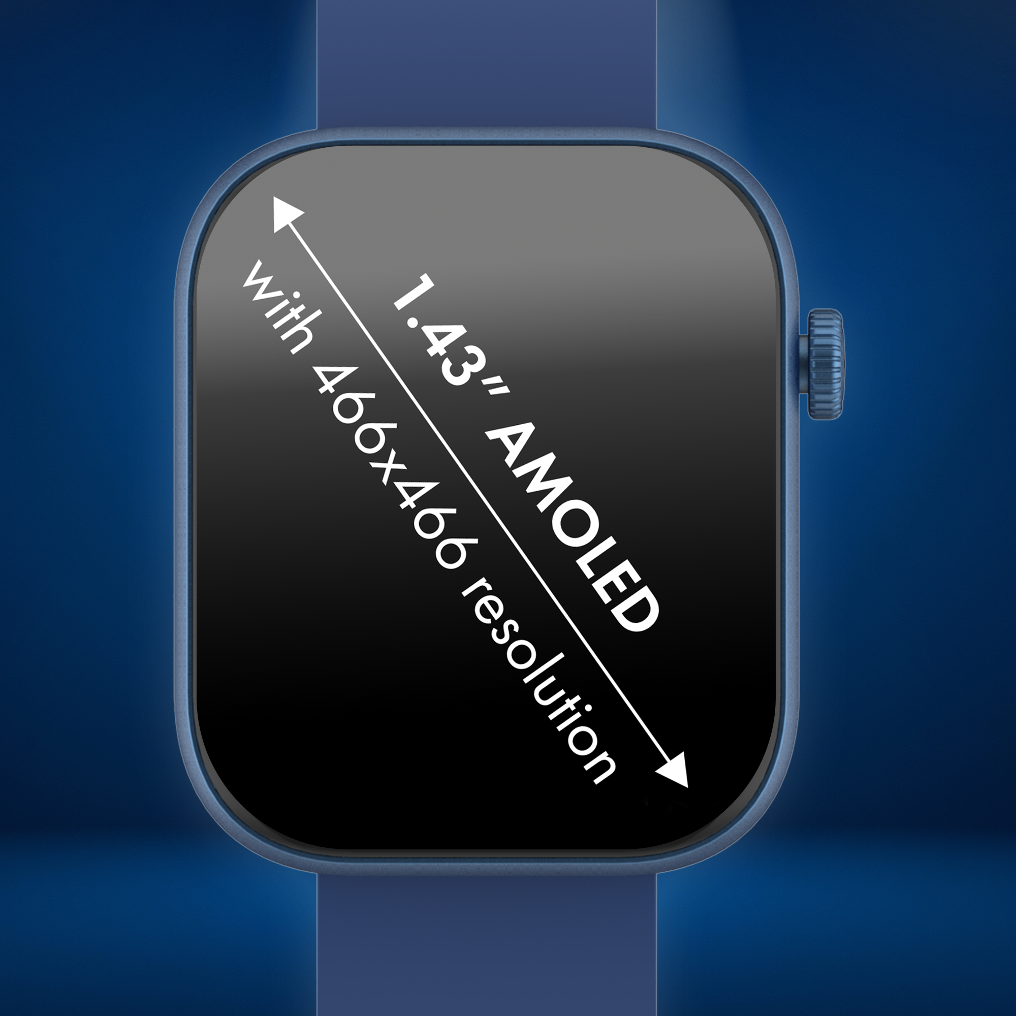 Eine blaue Smartwatch mit rechteckigem Bildschirm, der Text, Abmessungen und Auflösung zeigt.
