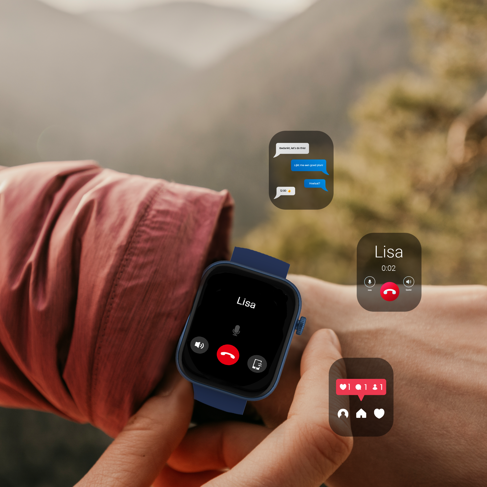 Handgelenk einer Person mit einer blauen Smartwatch, die einen Anrufbildschirm, Textnachrichten und Anrufdetails anzeigt.