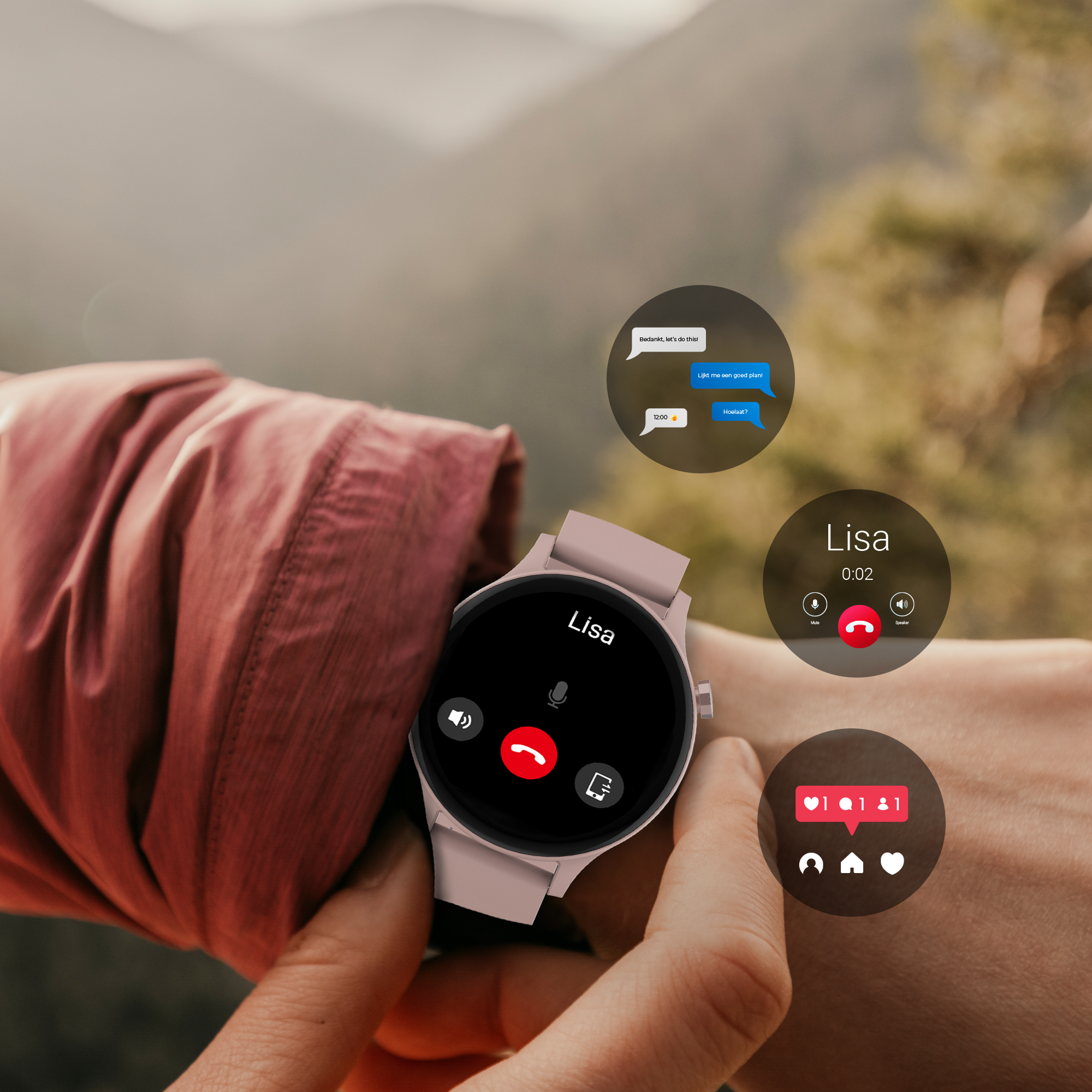 A person's wrist with a smartwatch displaying a call interface, texts, and likes.