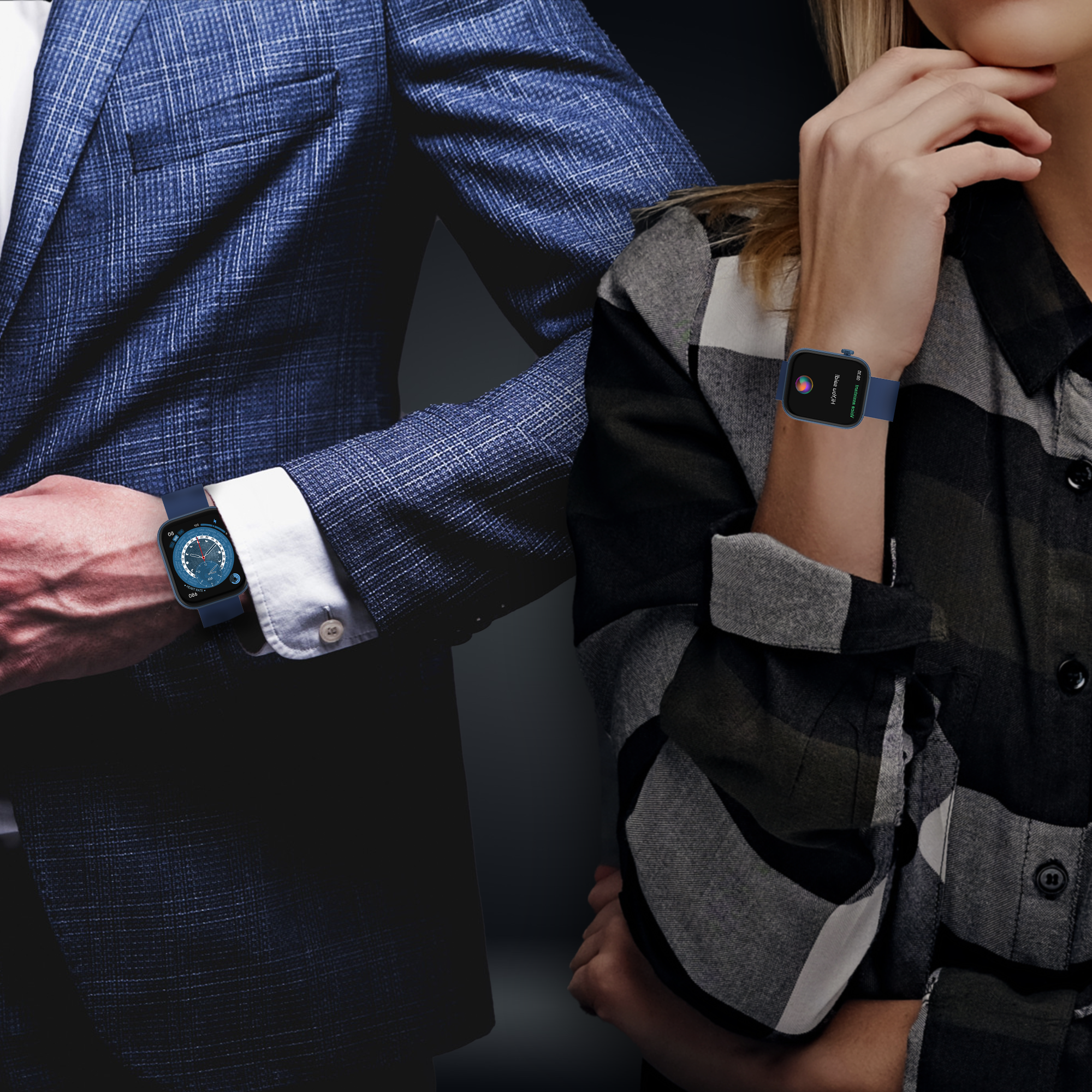 Zwei Personen tragen Smartwatches, eine blaue und eine schwarze, an ihren Handgelenken.
