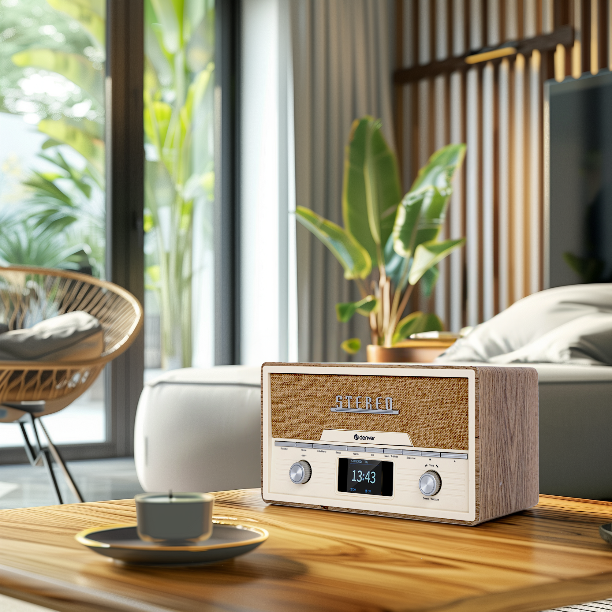 Radio retro z drewnianym wykończeniem na drewnianym stole. W scenie roślina i filiżanka.