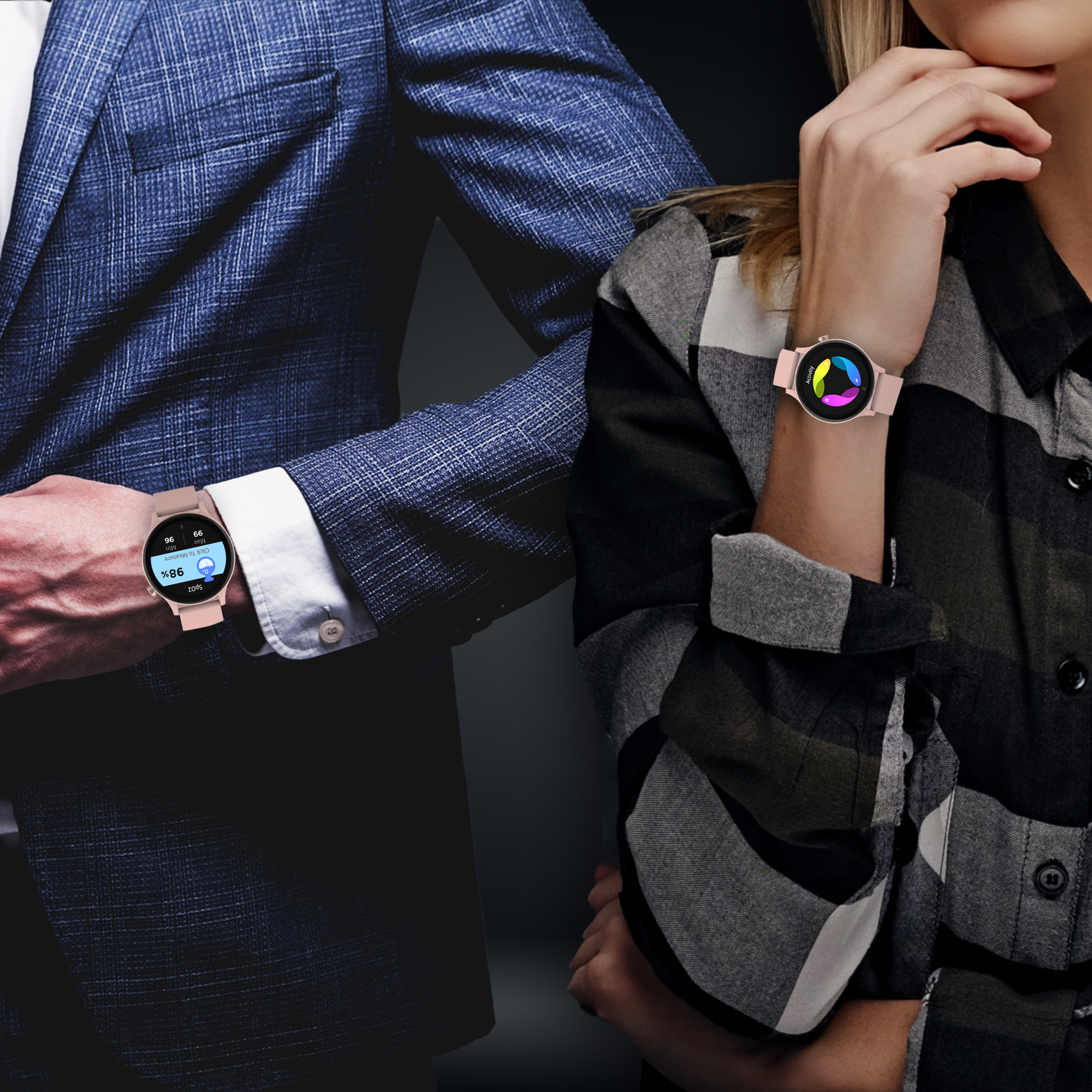 Two people wearing smartwatches. One is in a suit; the other in a plaid shirt. The watches display information.
