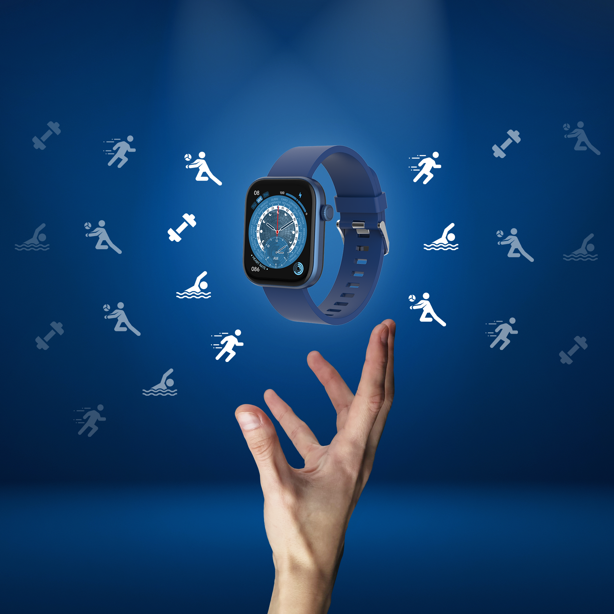 Eine Hand hält eine blaue Smartwatch, im Hintergrund Fitness-Icons.