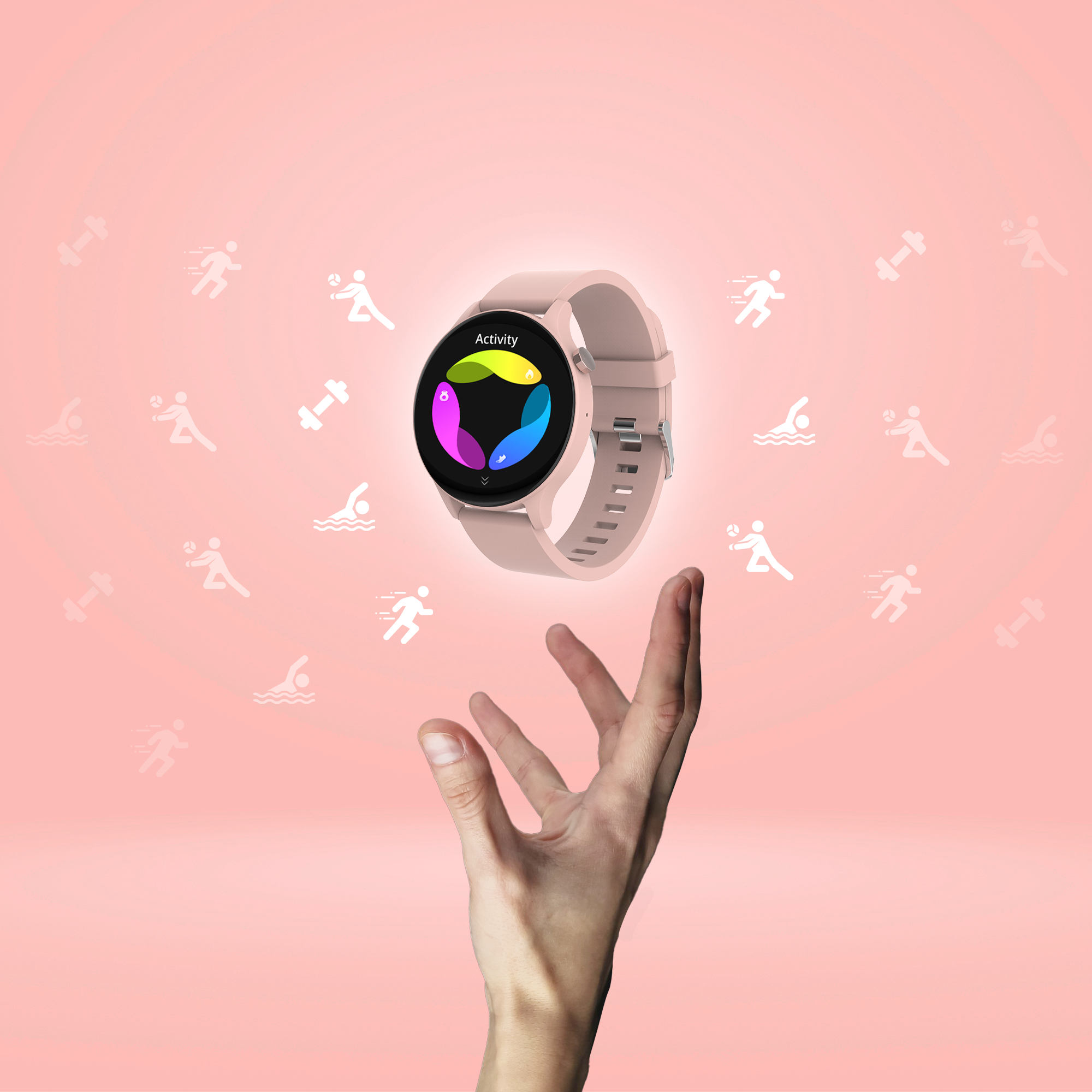 A hand reaching up towards a pink smartwatch with activity icons on a pink background.