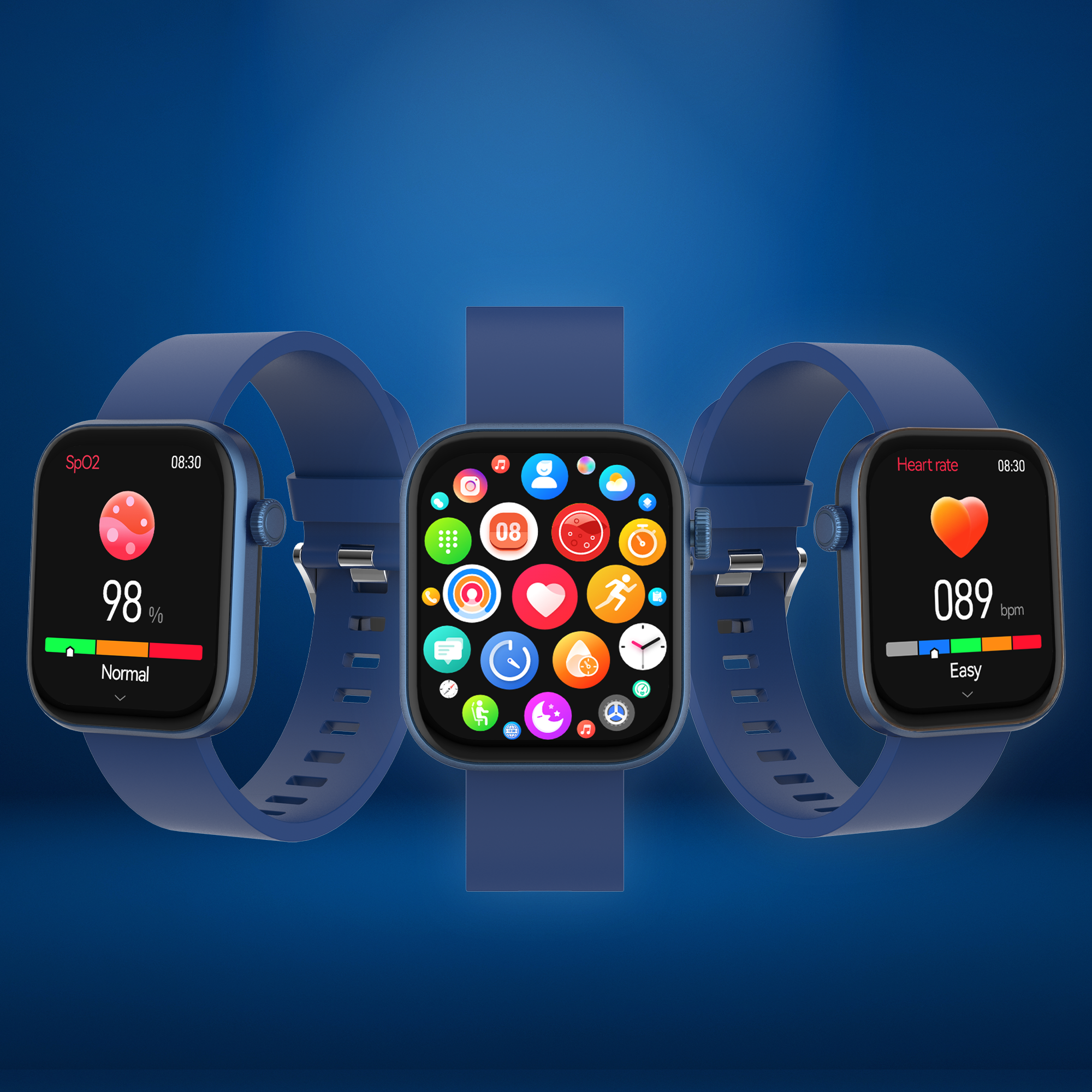 Drei Smartwatches mit blauen Bändern, die Gesundheitsmetriken auf blauem Hintergrund anzeigen.