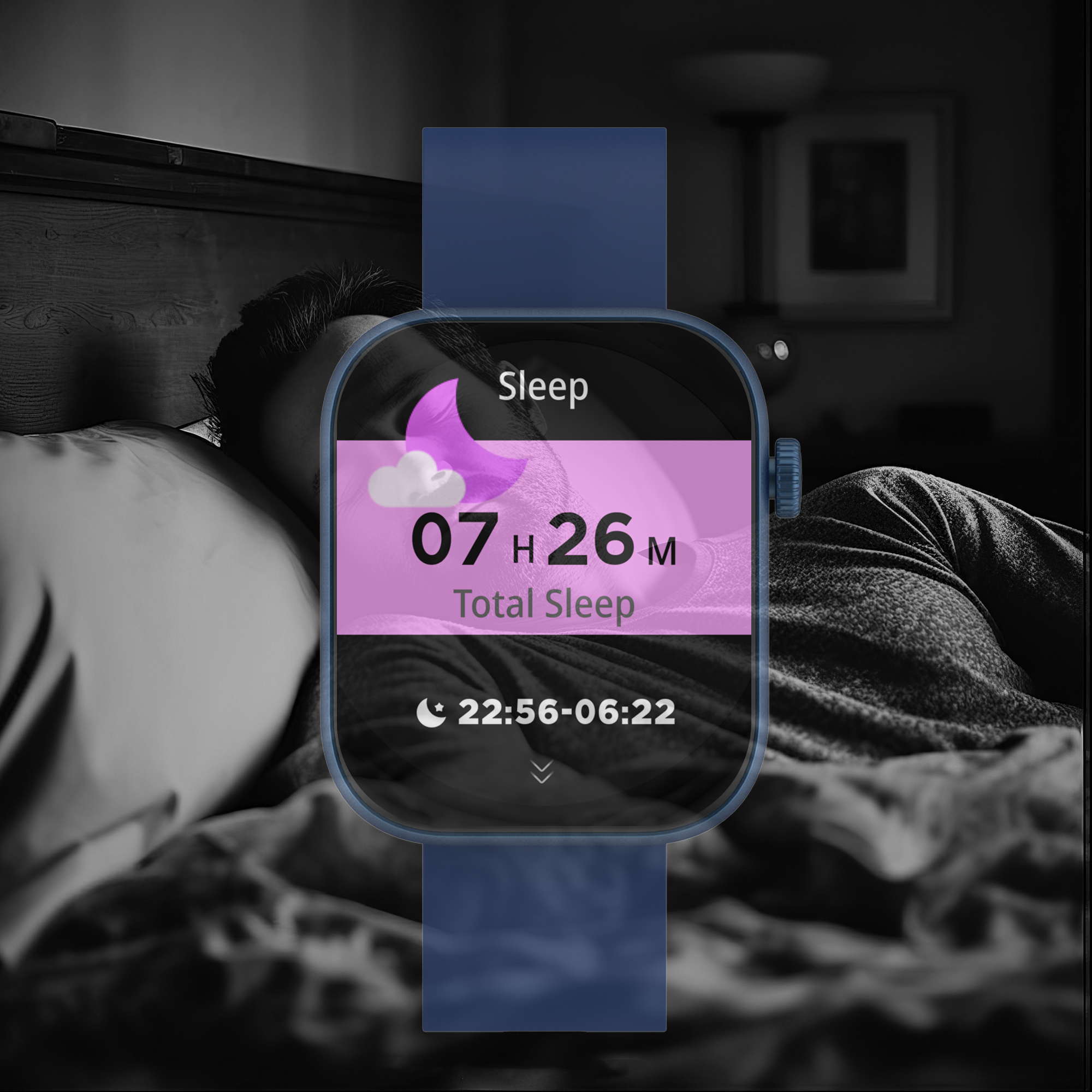 Smartwatch zeigt Schlafdaten: Zeit, Datum und eine Grafik von Mond und Wolken.
