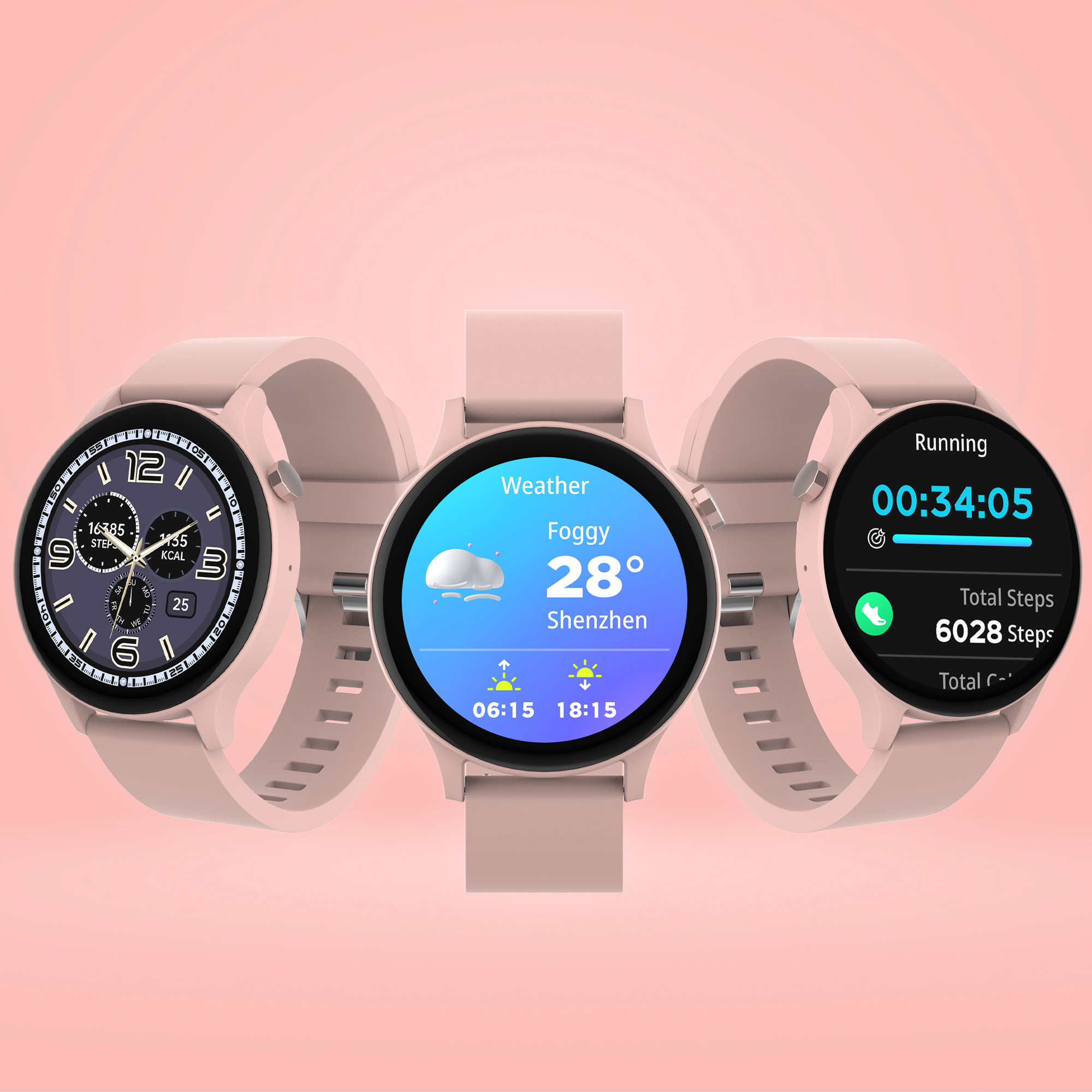 Three smartwatches with pink straps. The watches show different interfaces with time, weather and stats.
