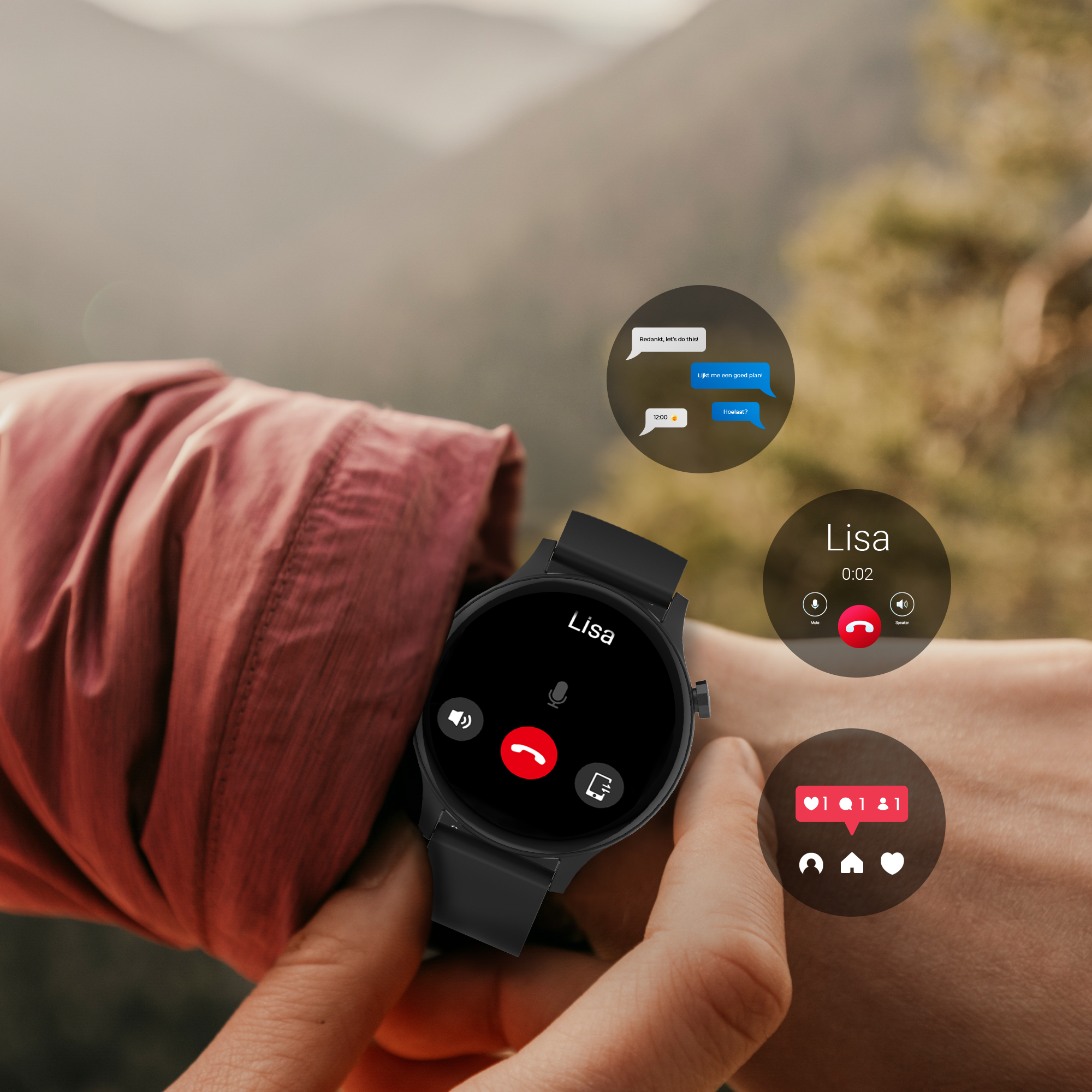 Smartwatch shows call from Lisa, other notifications visible. Background shows nature scene.
