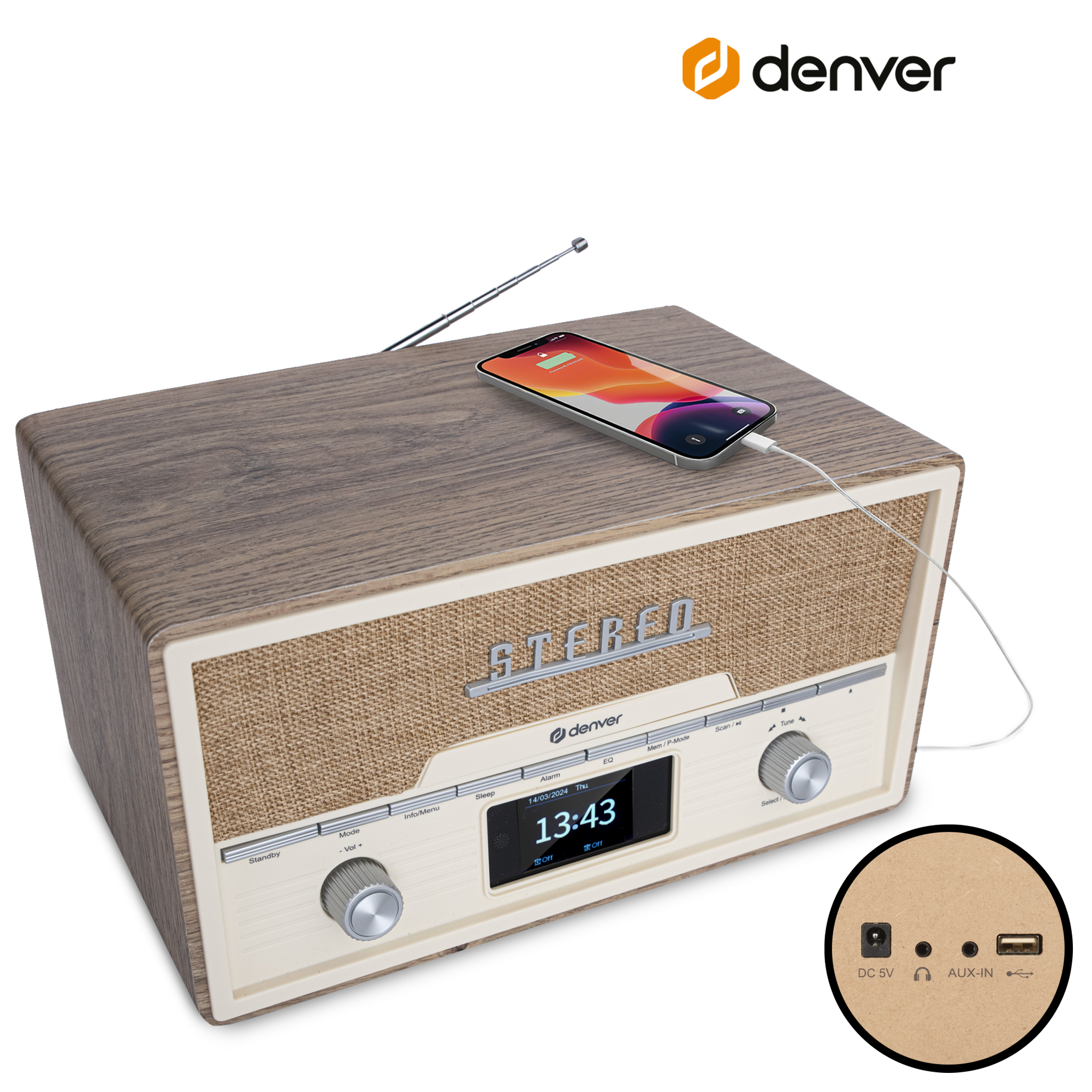 Radio w stylu vintage z telefonem na górze. Drewniane wykończenie, wyświetlacz cyfrowy.