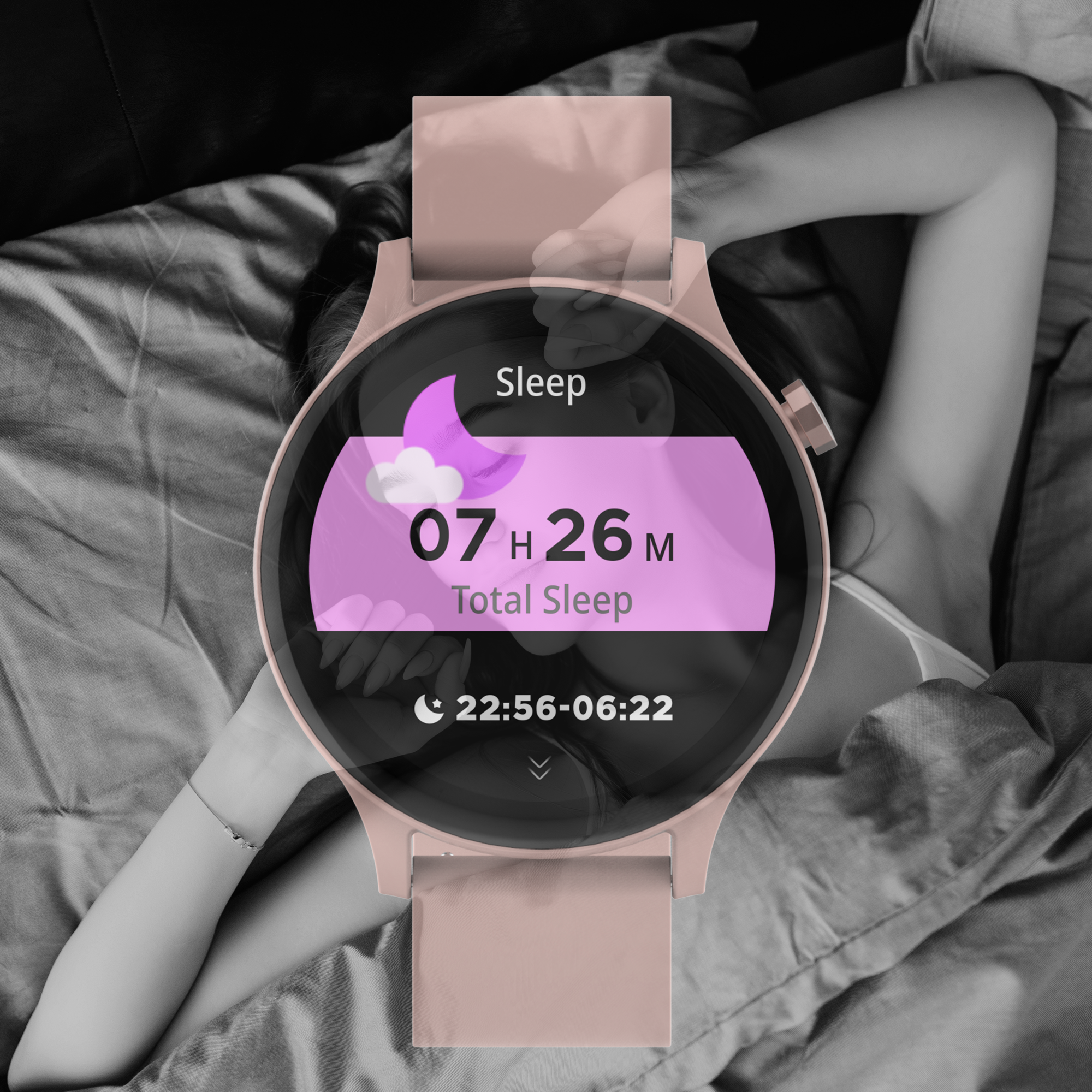 A smartwatch showing sleep data: 07H 26M total sleep, 22:56-06:22, with a person sleeping.