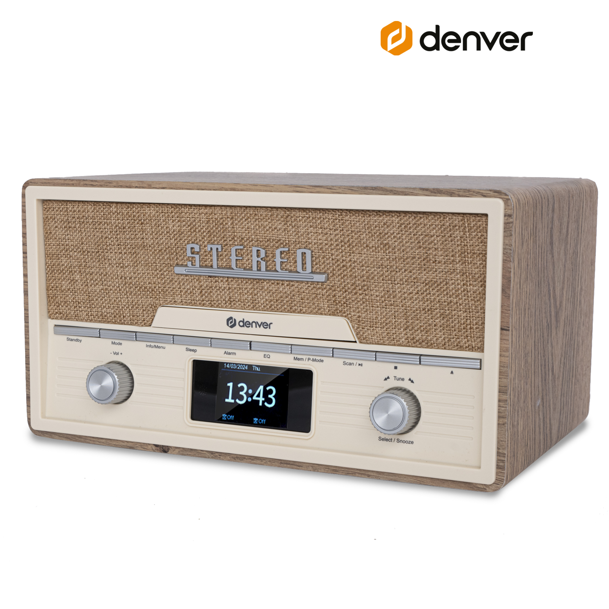 Stereo w stylu retro z wyświetlaczem pokazującym 13:43.