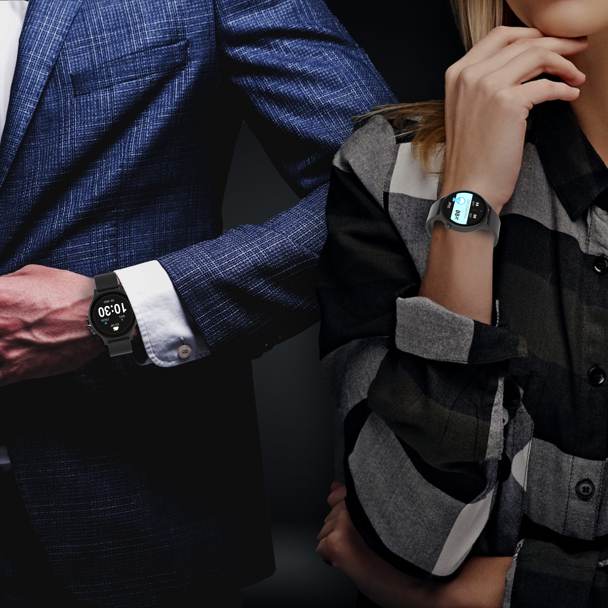 A man and a woman wearing smartwatches. The man's watch displays the time 10:30.