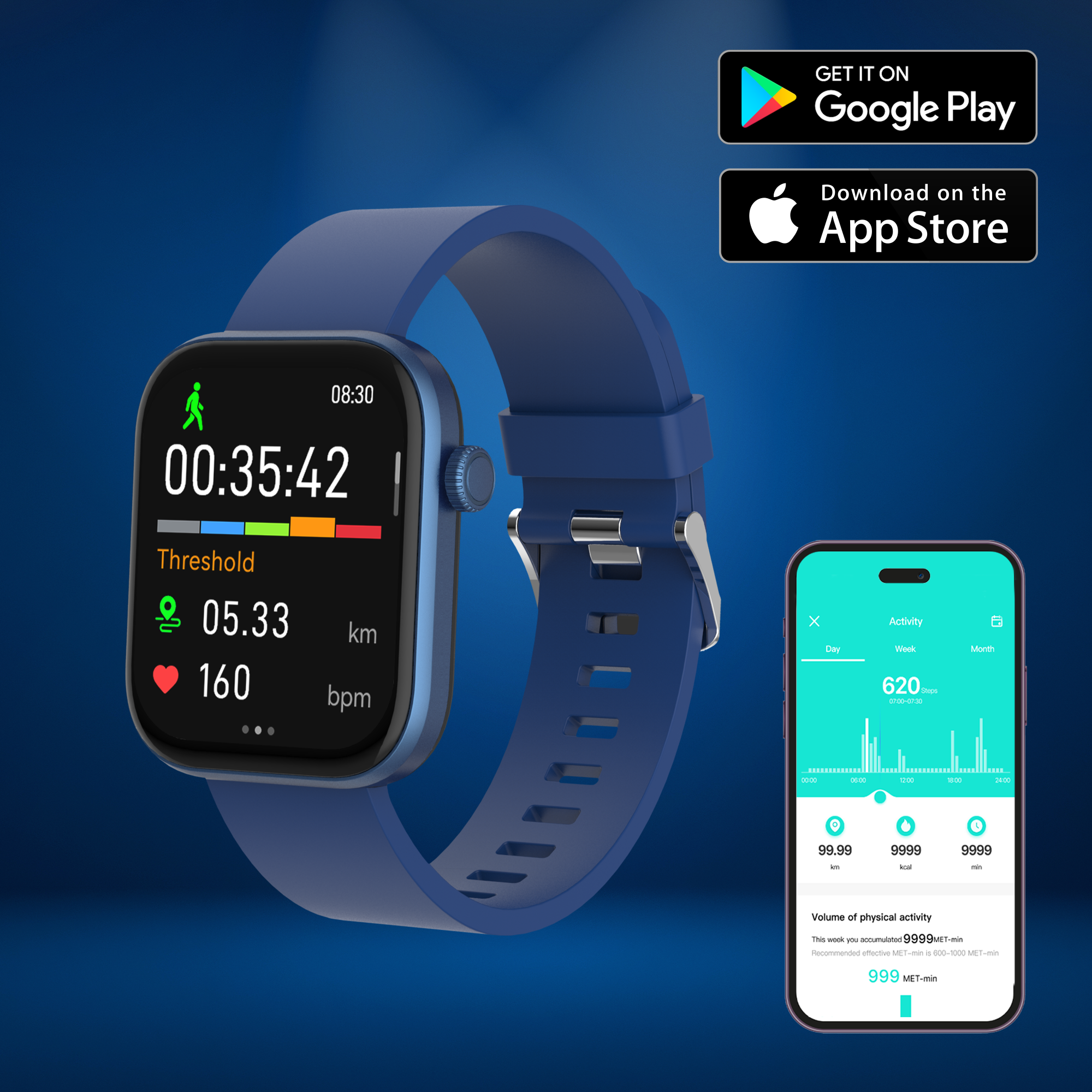 Smartwatch with blue strap on blue background. Phone displays fitness activity data.
