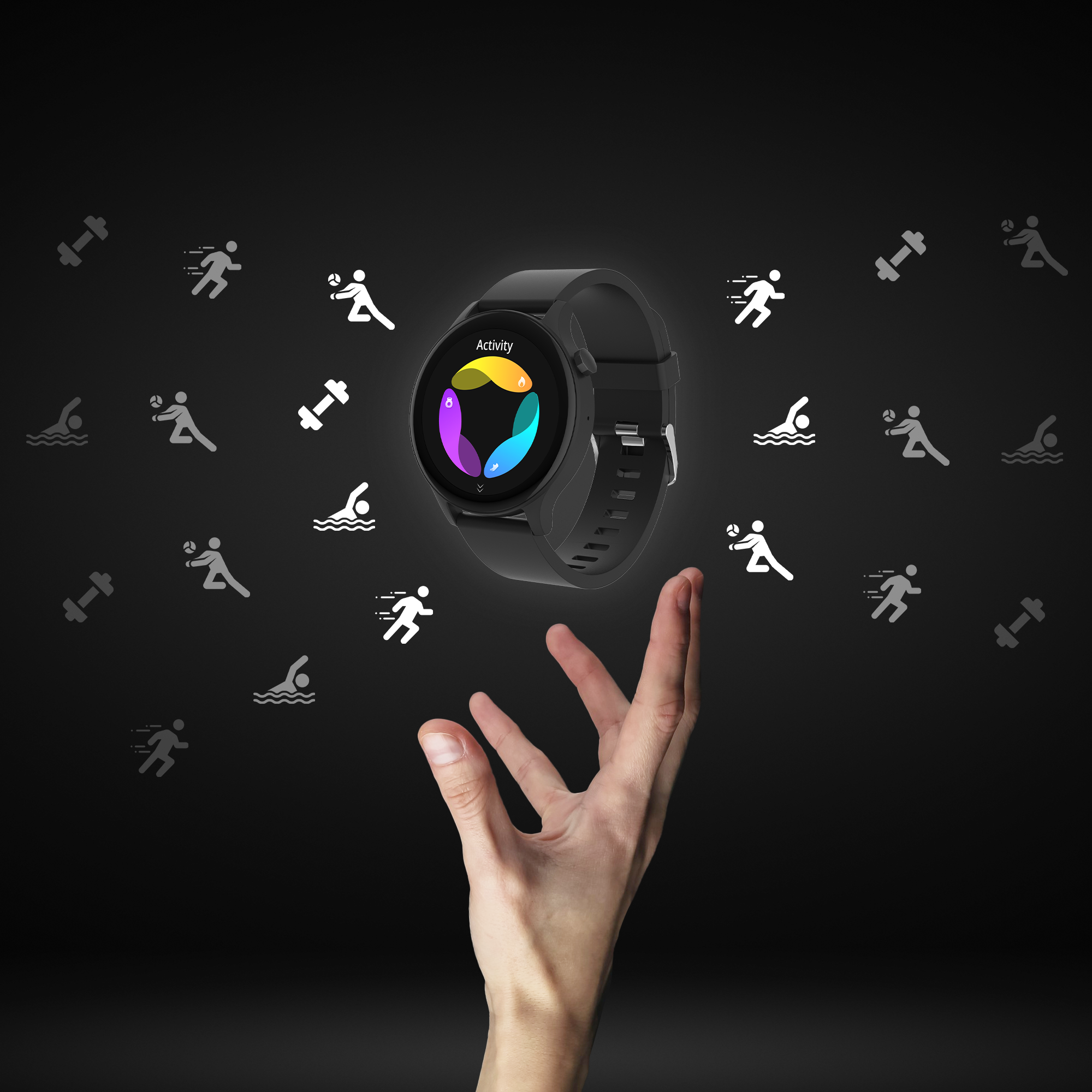 Black smartwatch with activity icons and a hand reaching, on a dark background.