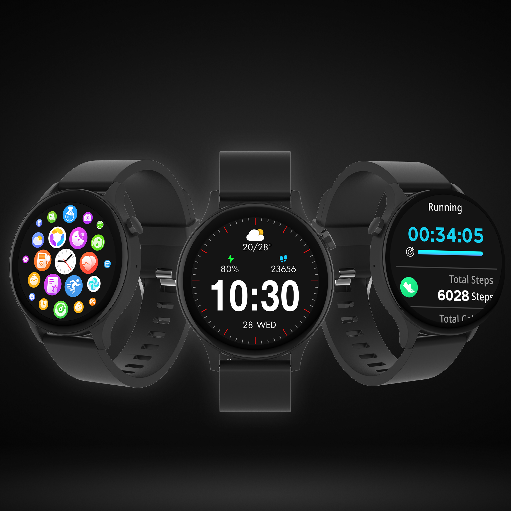 Three smartwatches on a dark background. They display different information on their screens.