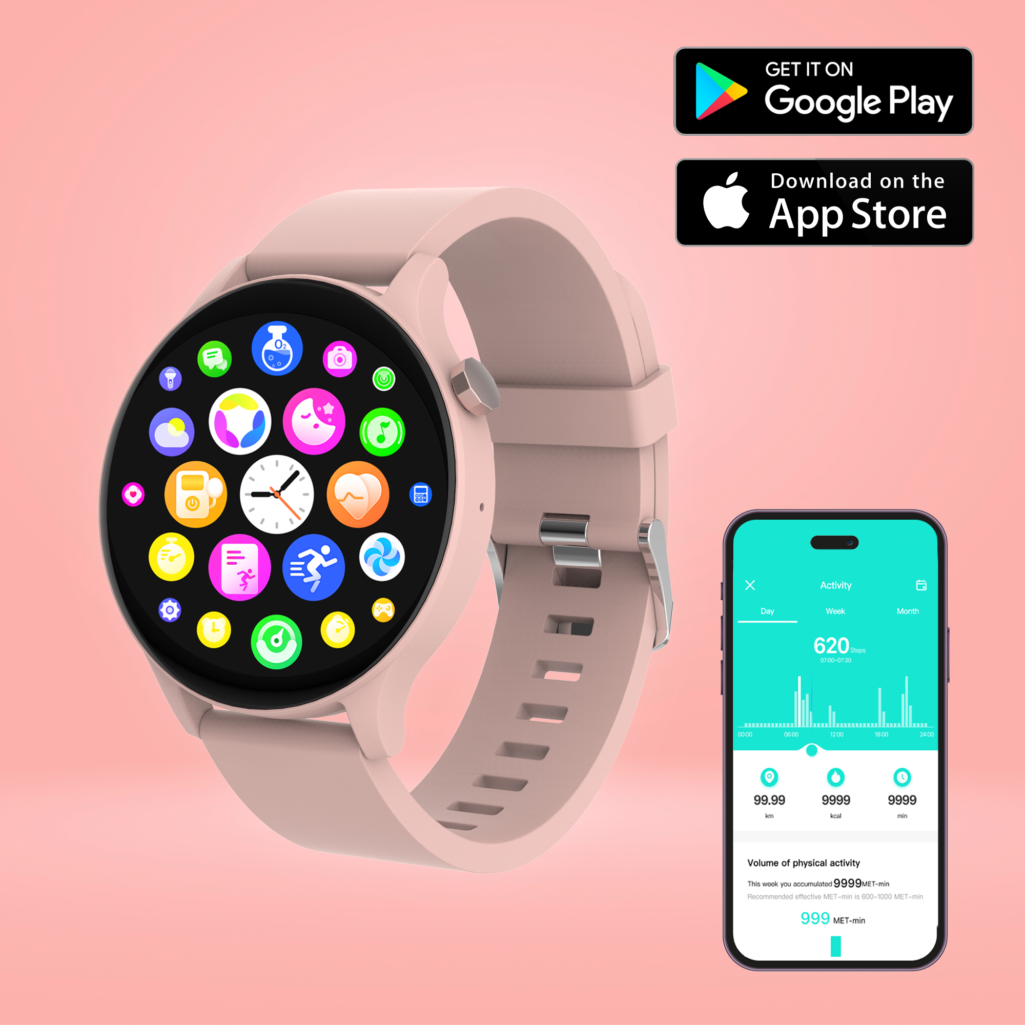 Pink smartwatch with a round screen displaying various app icons, a smartphone and app icons.