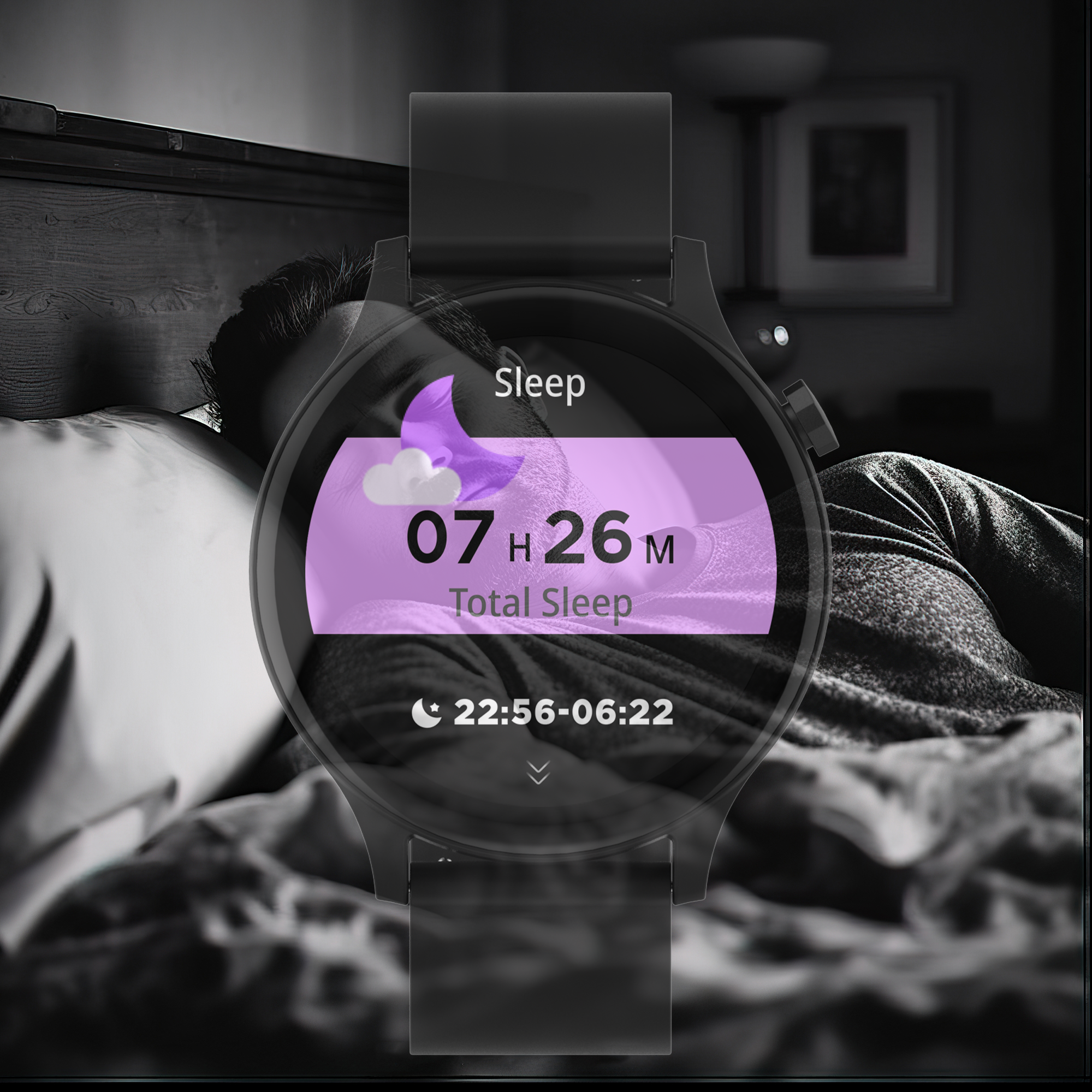 A smartwatch displaying sleep data on a bed. The watch face shows sleep time and total sleep duration.