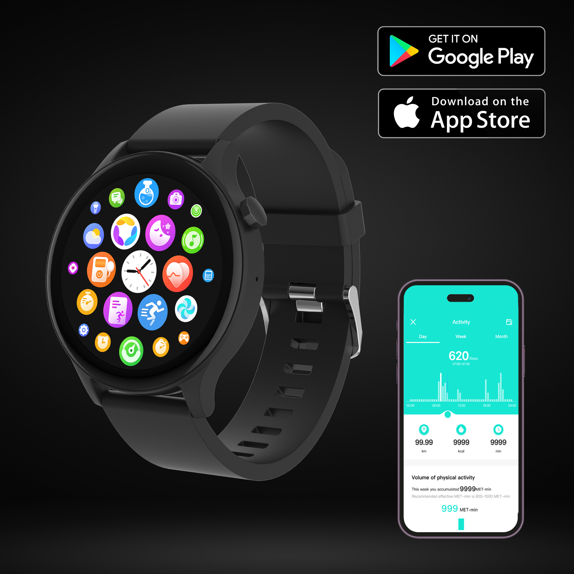 Black smartwatch with a round display, showing fitness data and app icons. Includes phone apps.