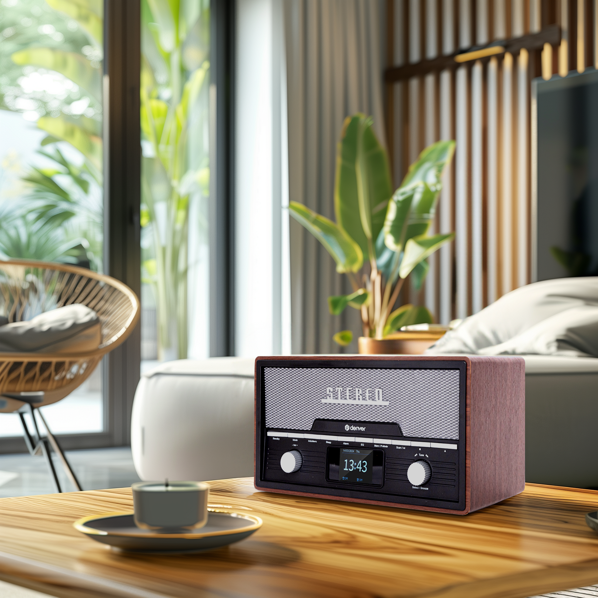 Drewniane radio stereo retro na stole, z rośliną i rozmytym tłem pokoju.