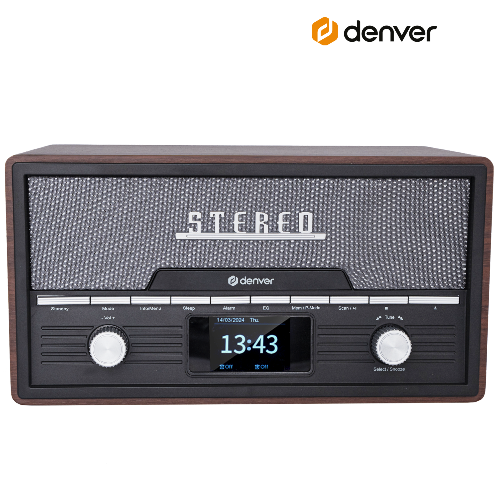 Radio stereo w stylu retro z drewnianym wykończeniem, wyświetlaczem cyfrowym i pokrętłami, marki Denver.