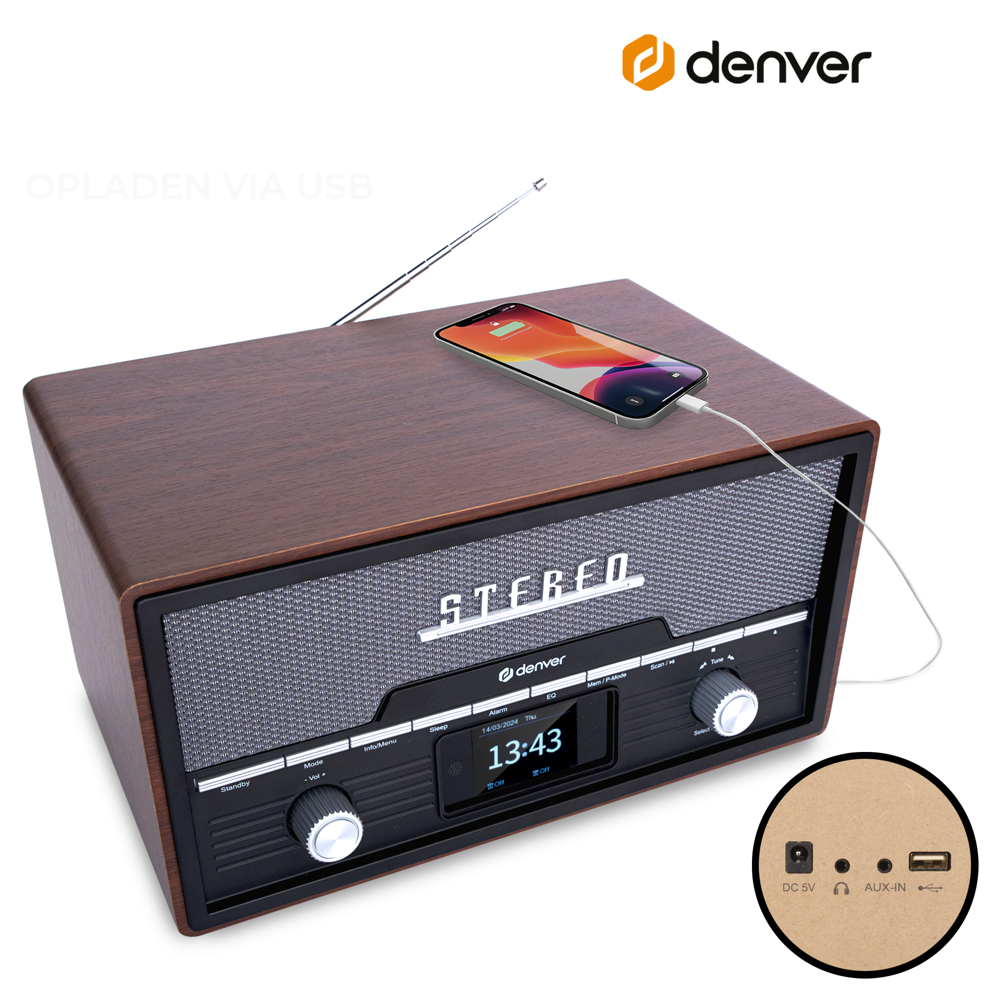 Drewniane radio retro z telefonem na górze, połączone kablem. Widoczna marka Denver.