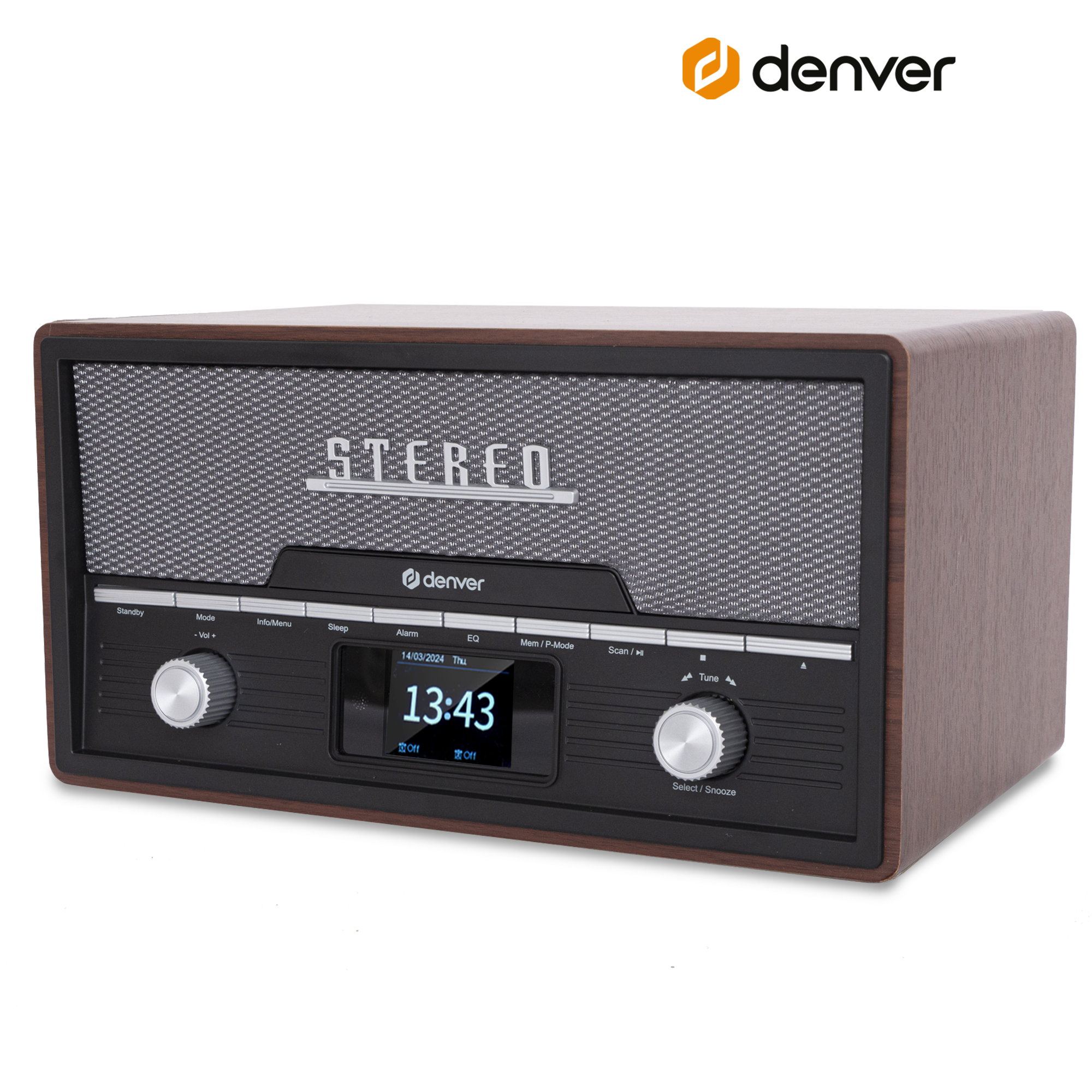 Radio w stylu retro z drewnianym wykończeniem i cyfrowym wyświetlaczem pokazującym godzinę oraz przyciskami sterowania.