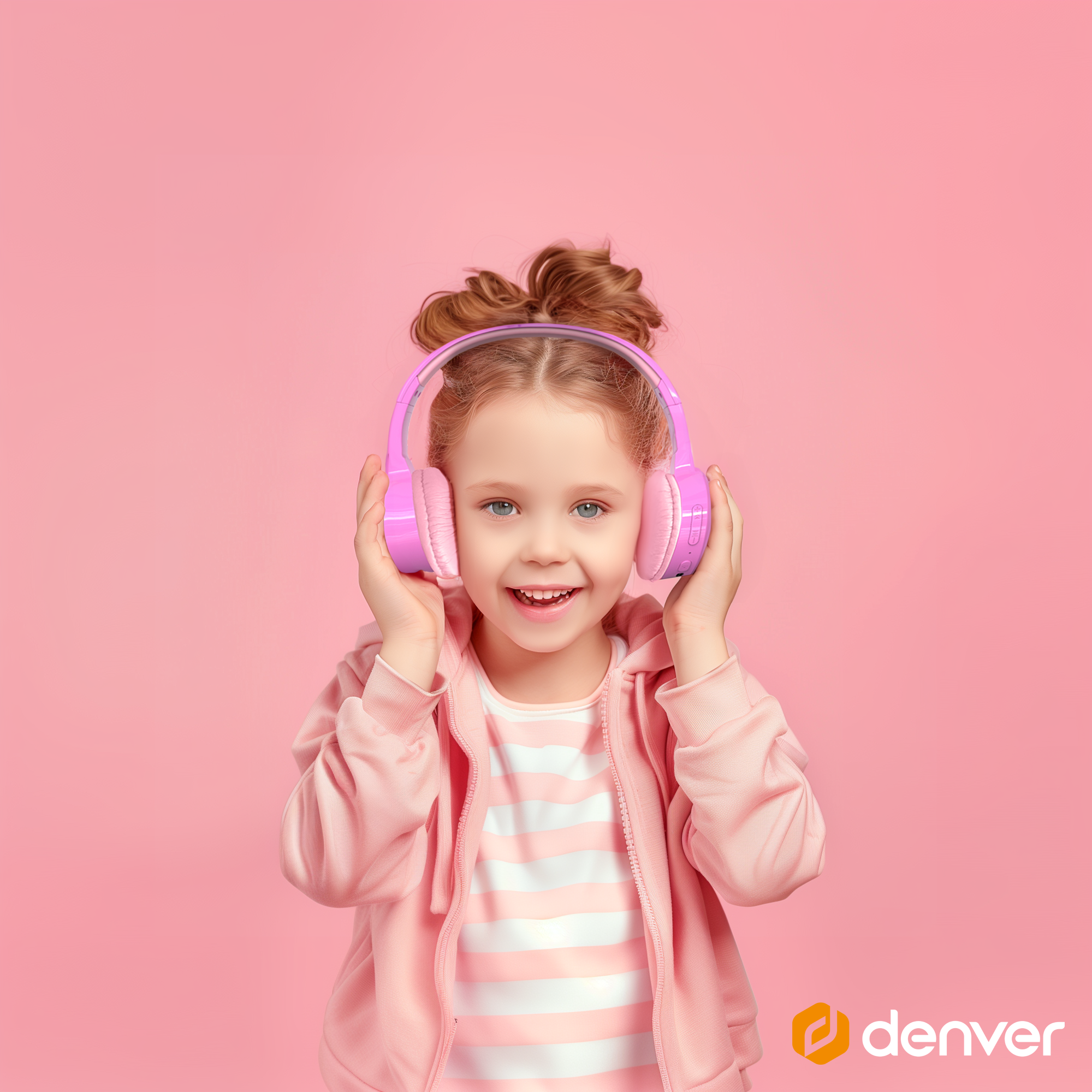 Młoda dziewczyna w różowych słuchawkach, uśmiechnięta, na różowym tle.