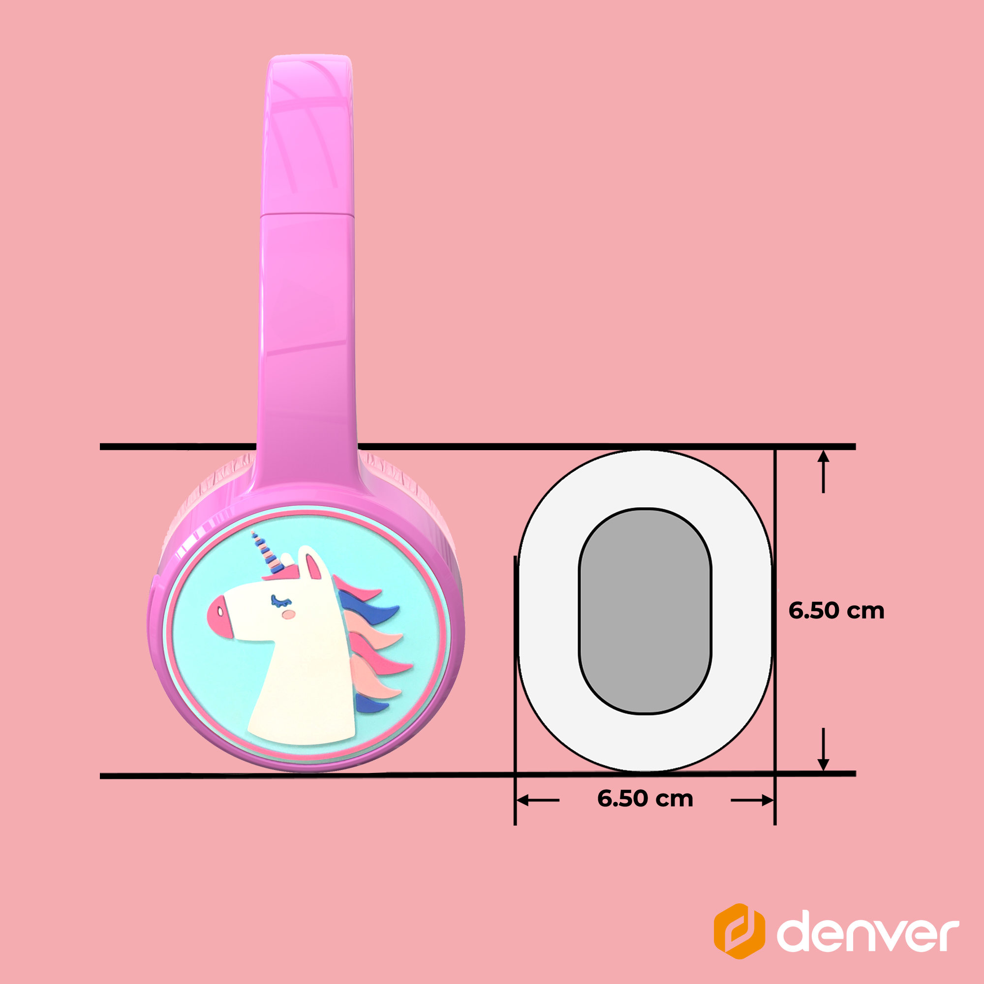 Różowe słuchawki z jednorożcem na nauszniku. Wymiary pokazane liniami.