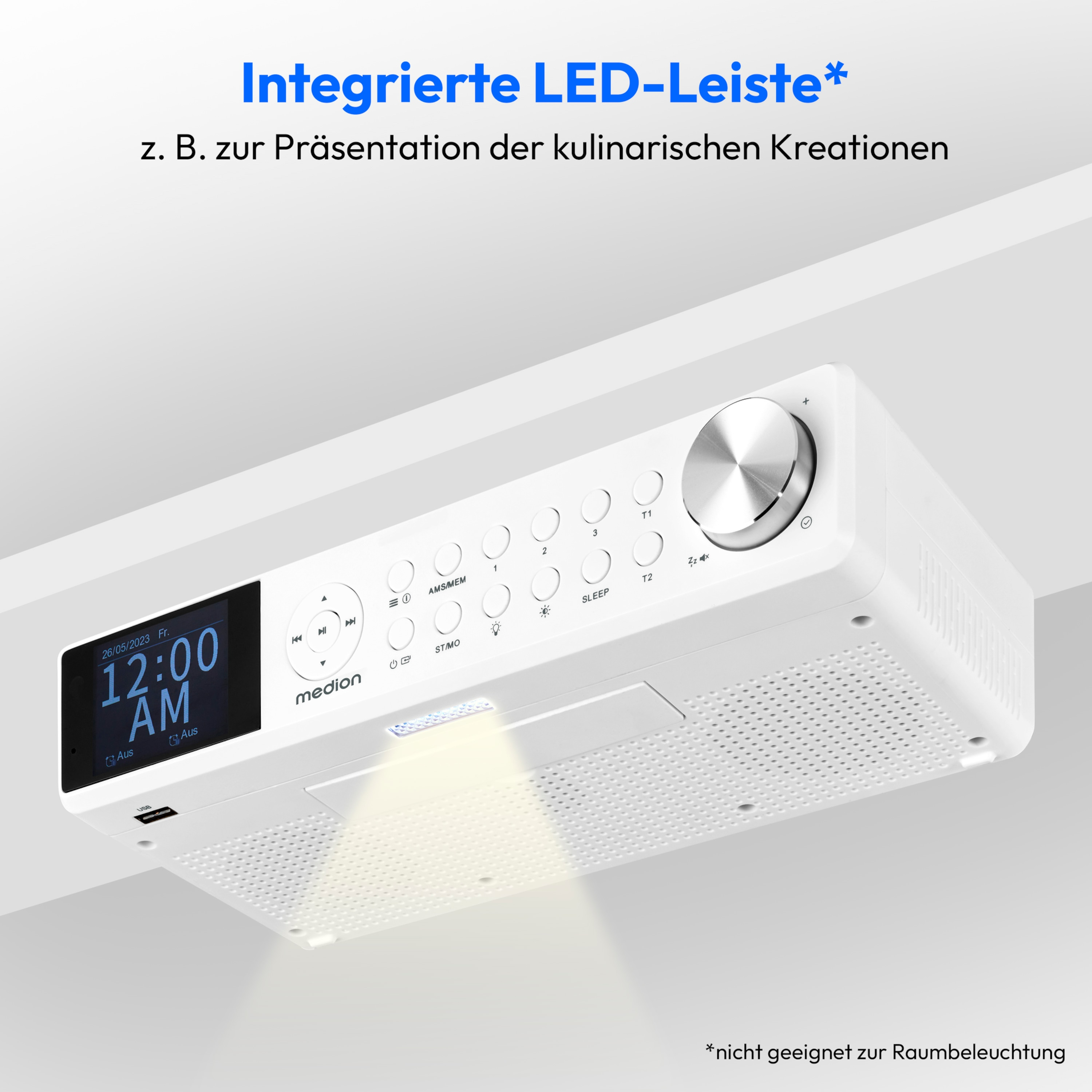 A white radio with a digital clock and control buttons, with a bright light below.