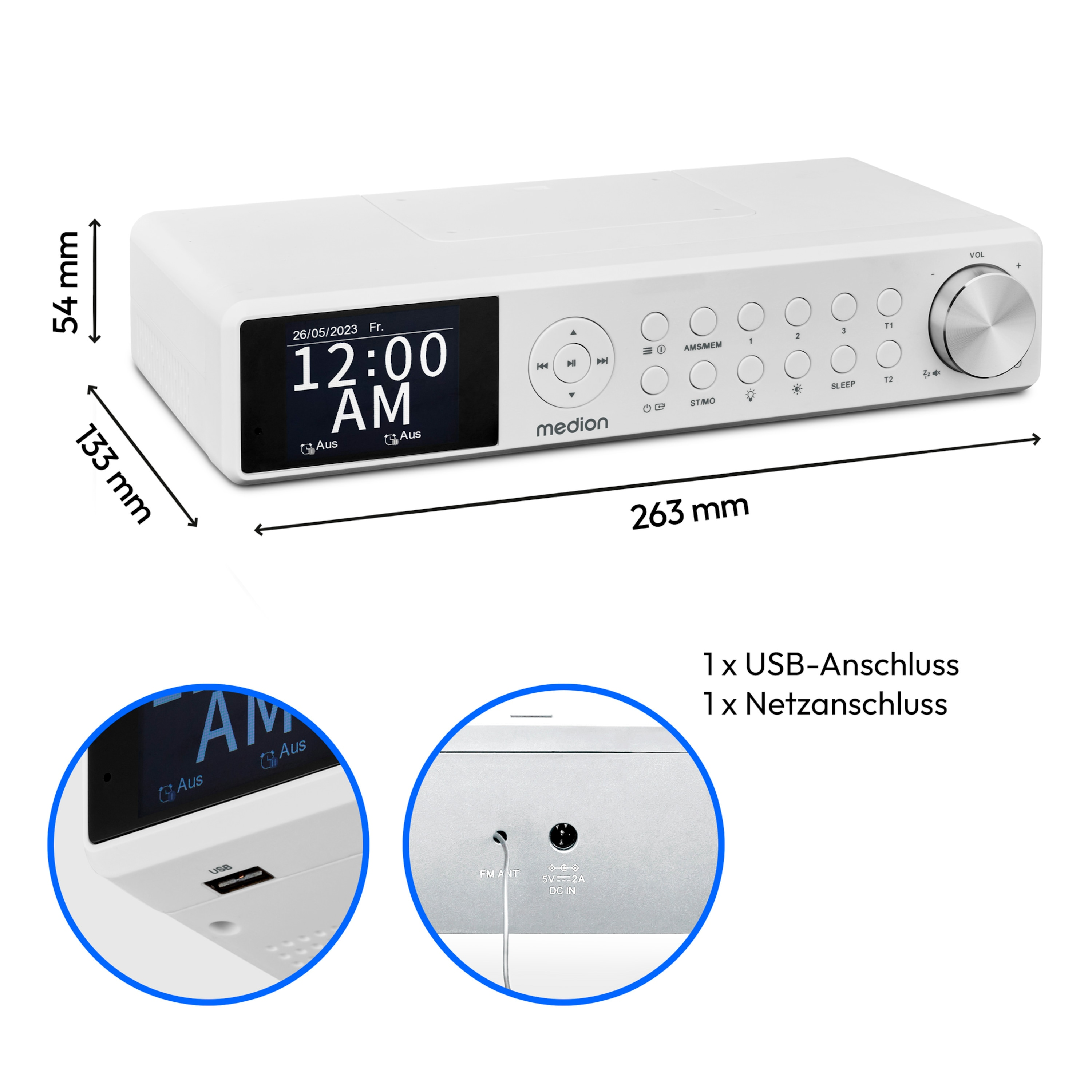 A white digital clock radio with a display showing time and date, with dimensions labeled.