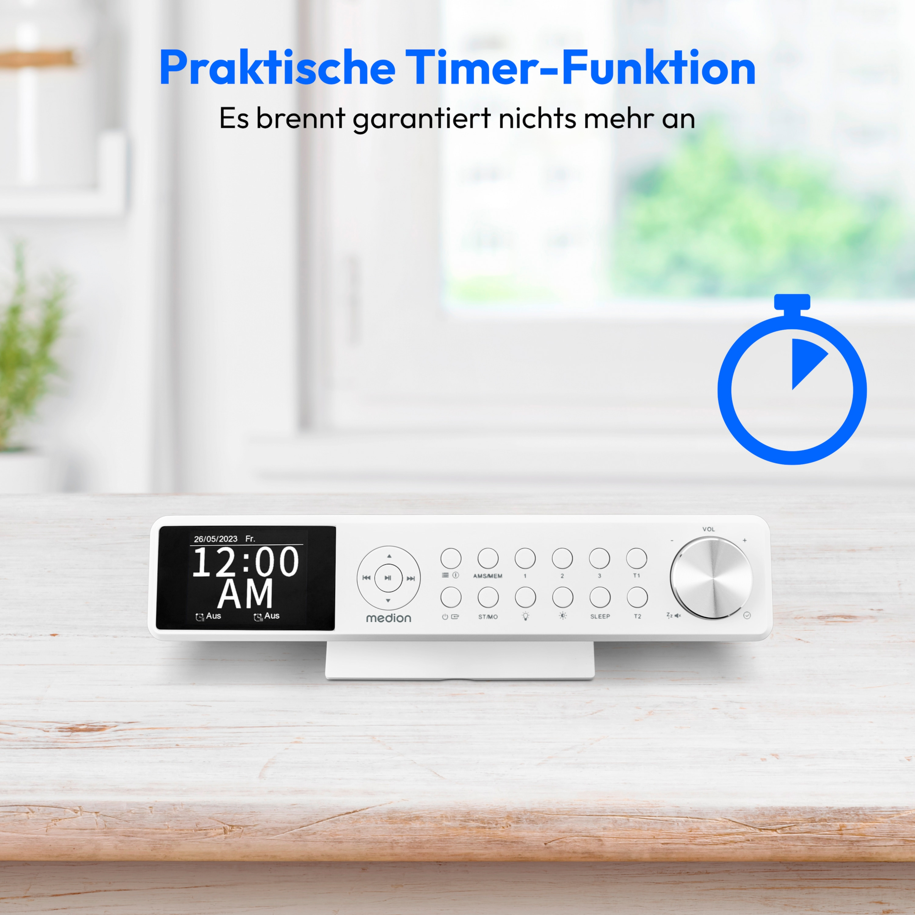 A white digital clock radio with buttons. Blue timer icon. Wooden table, white wall background.