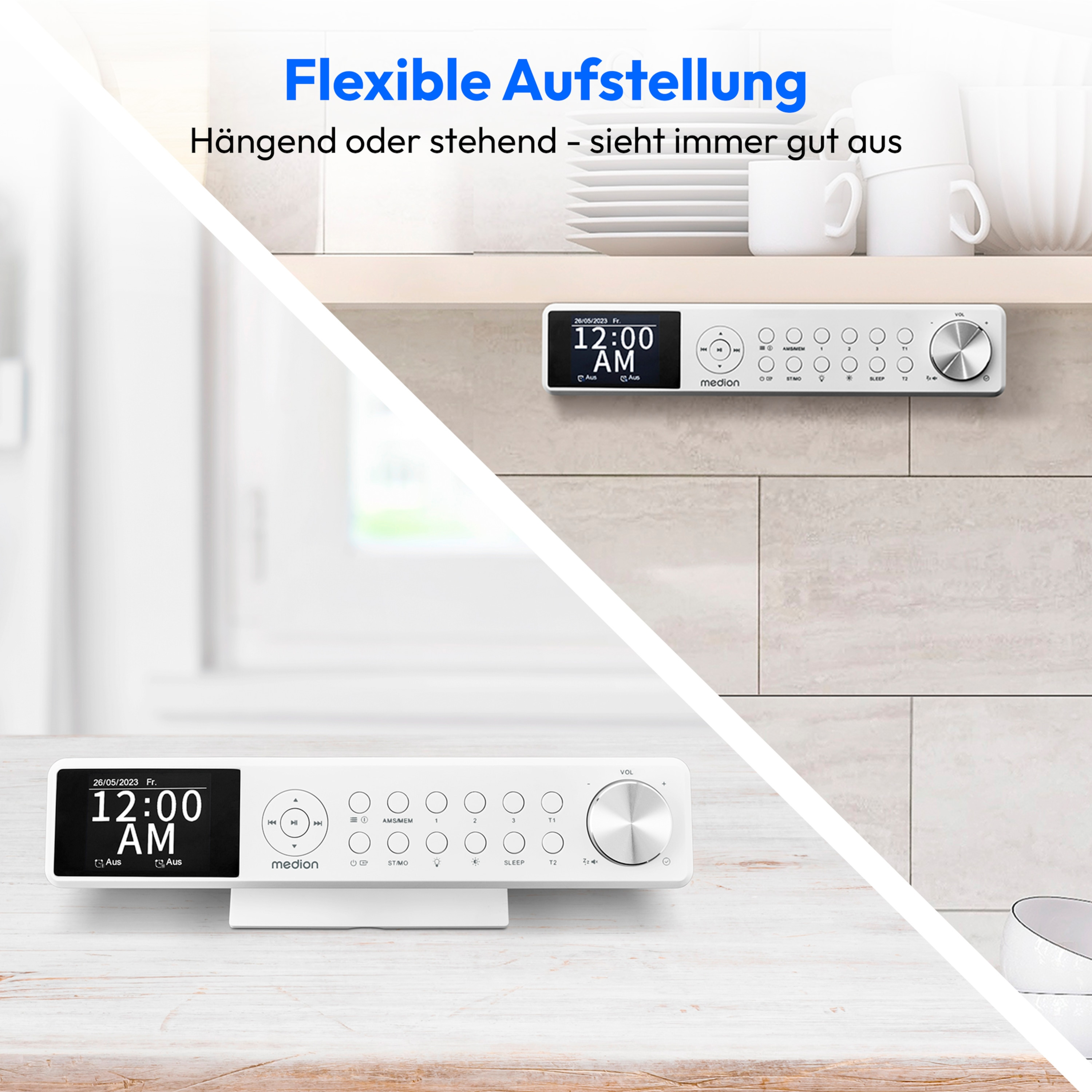 A white digital clock on a shelf and on a table, with text in German.