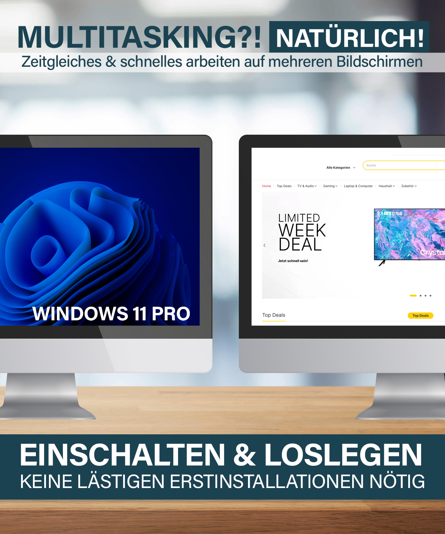 Dwa ekrany komputera z tekstem, promujące wielozadaniowość. Jeden pokazuje Windows 11, drugi stronę internetową.