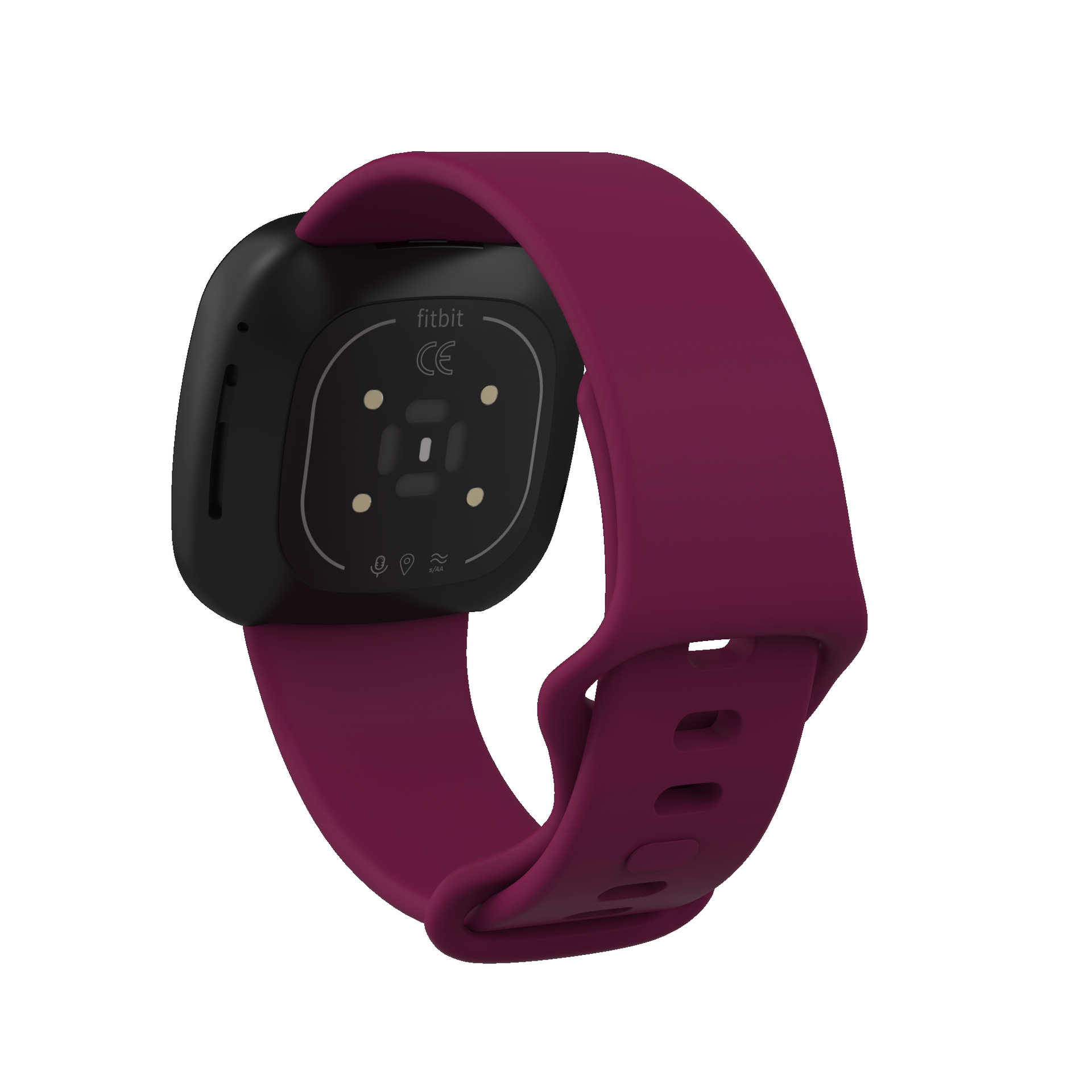 Fitbit Smartwatch mit lila Armband, Rückansicht, Sensoren und Logo zeigend.
