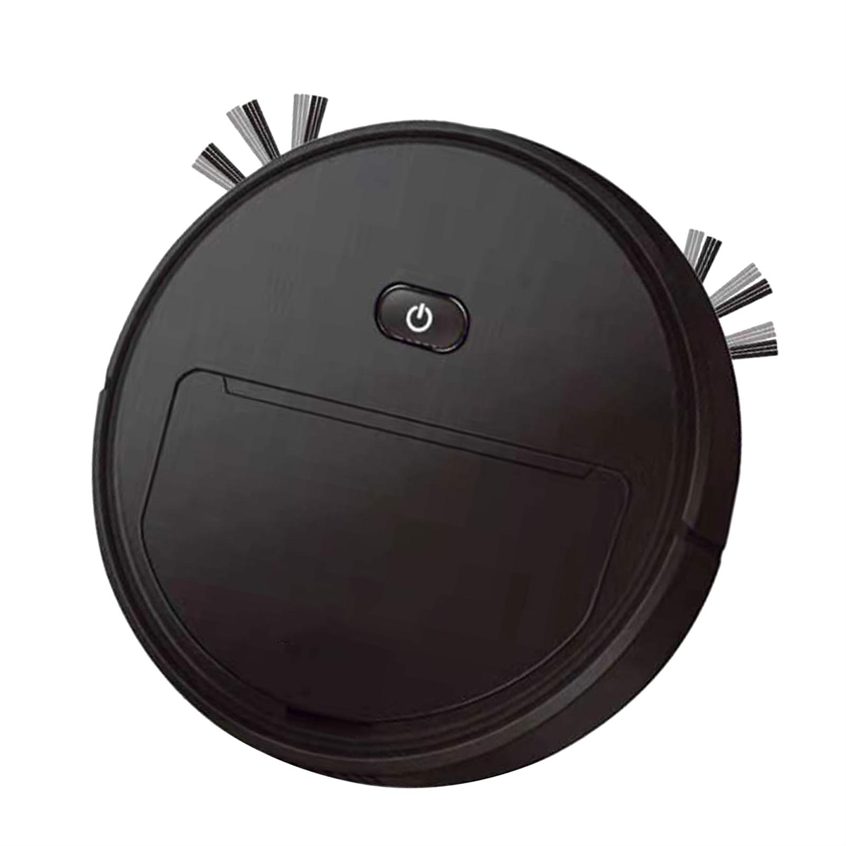 Schwarzer runder Roboter-Staubsauger. Ein Knopf oben. Weißer Hintergrund.