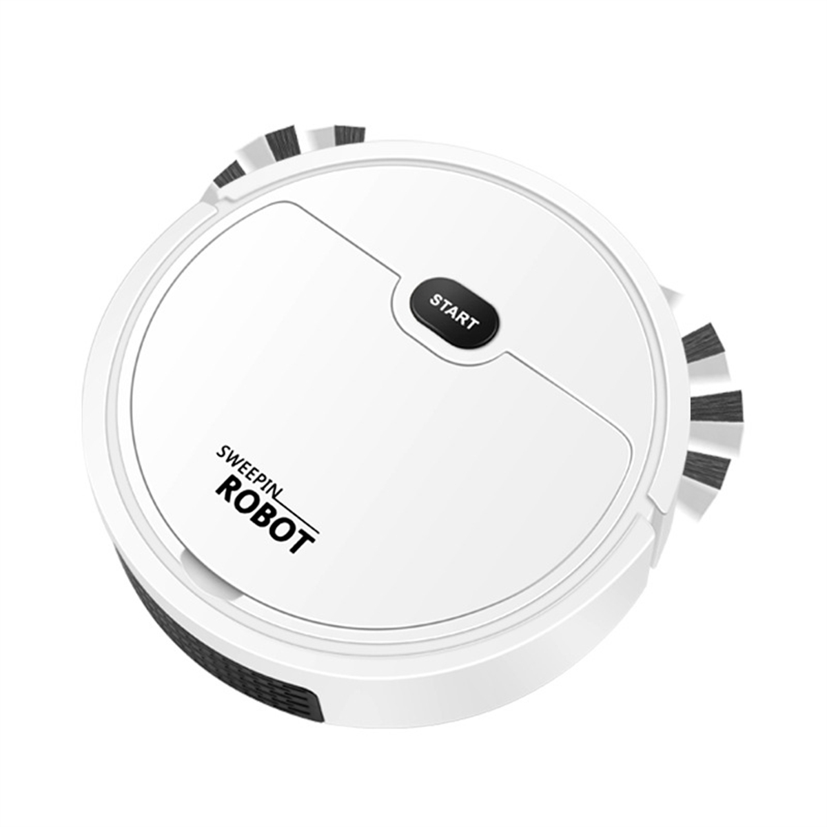 Weißer Roboter-Staubsauger mit schwarzen Bürsten und einem einzigen Startknopf.