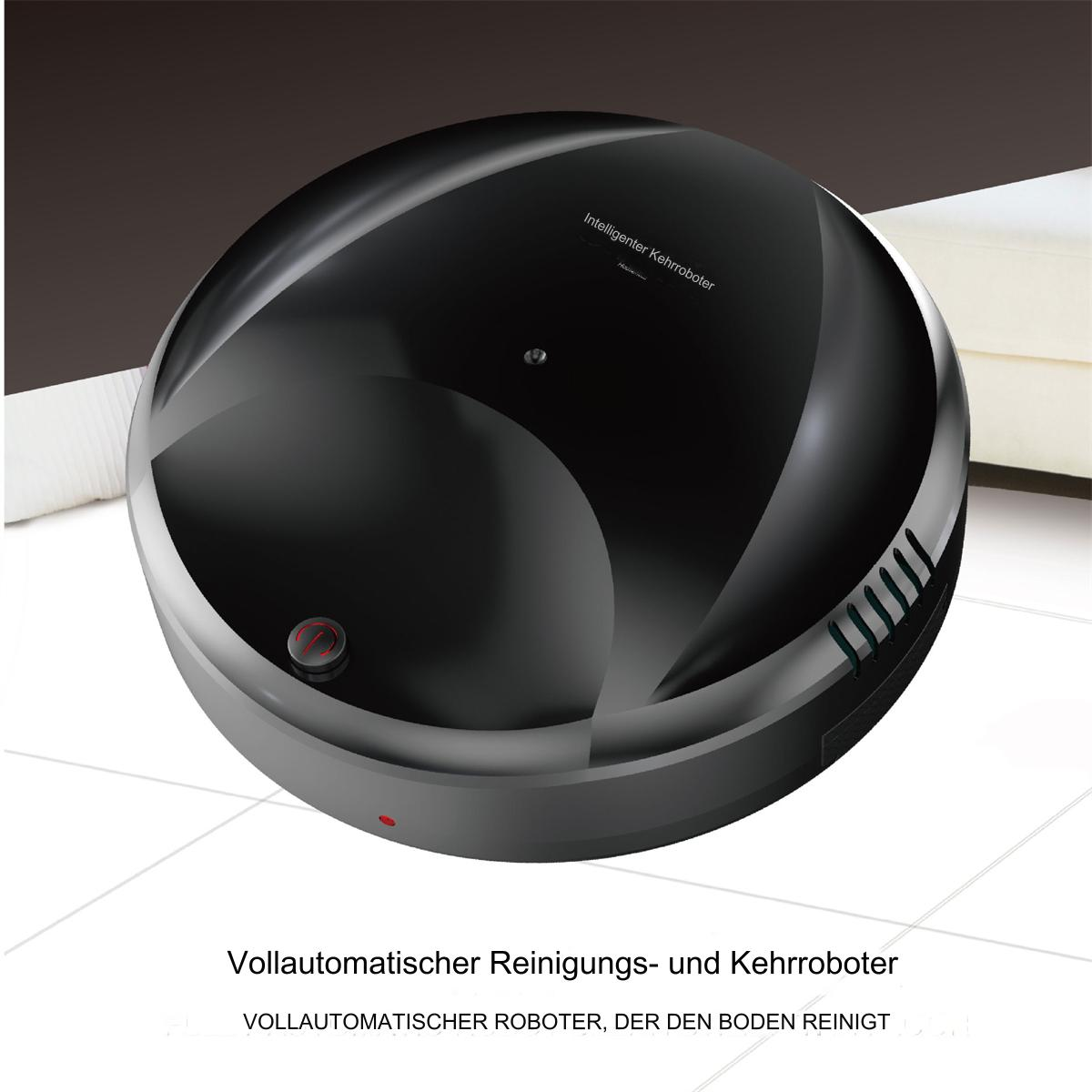 Ein schwarzer, runder, automatisierter Reinigungsroboter auf einem gefliesten Boden, mit einem Ein-Aus-Knopf.