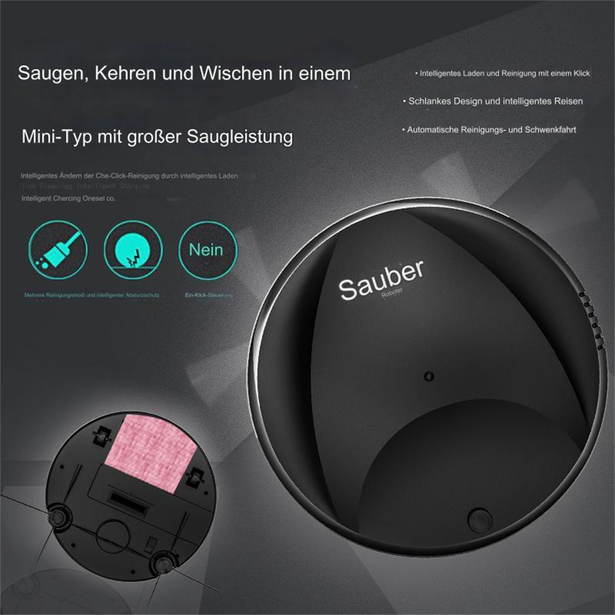 Roboter-Staubsauger mit Reinigungsteilen und Symbolen, die Teile und Funktionen zeigen.