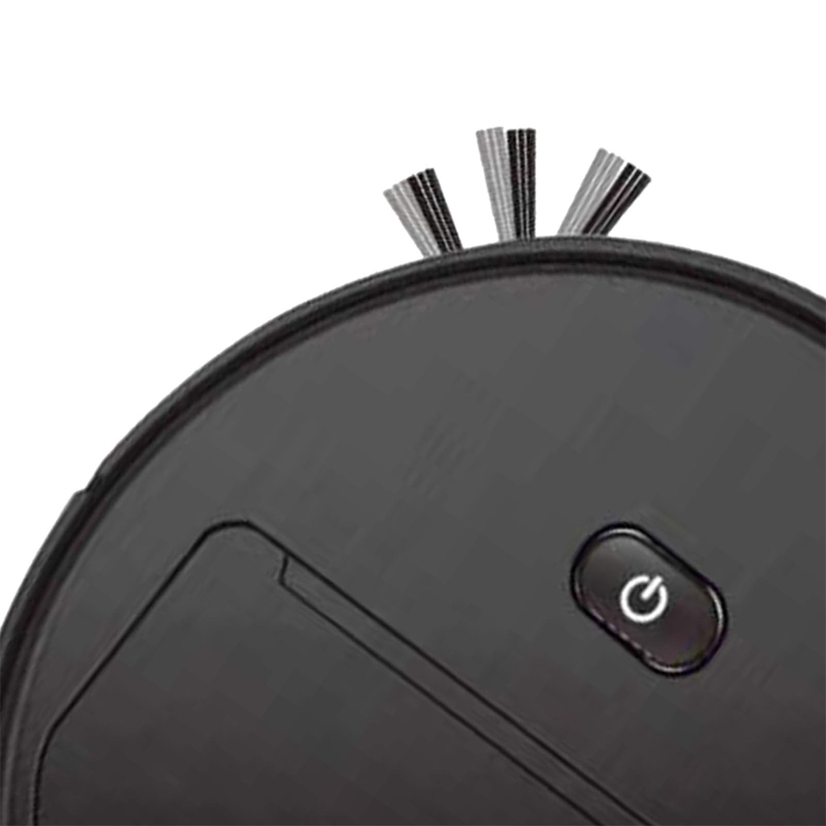 Ein schwarzer Roboter-Staubsauger mit drei rotierenden Bürsten und einem Power-Knopf.