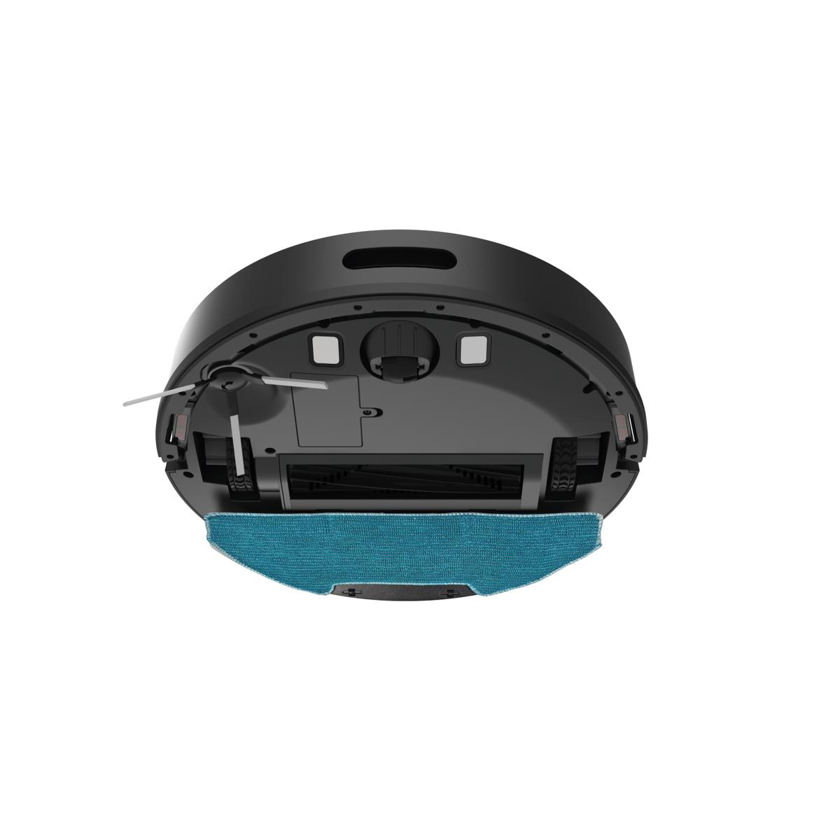 Aspirapolvere robot nero, visto dal basso. Ha un tampone blu e spazzole.