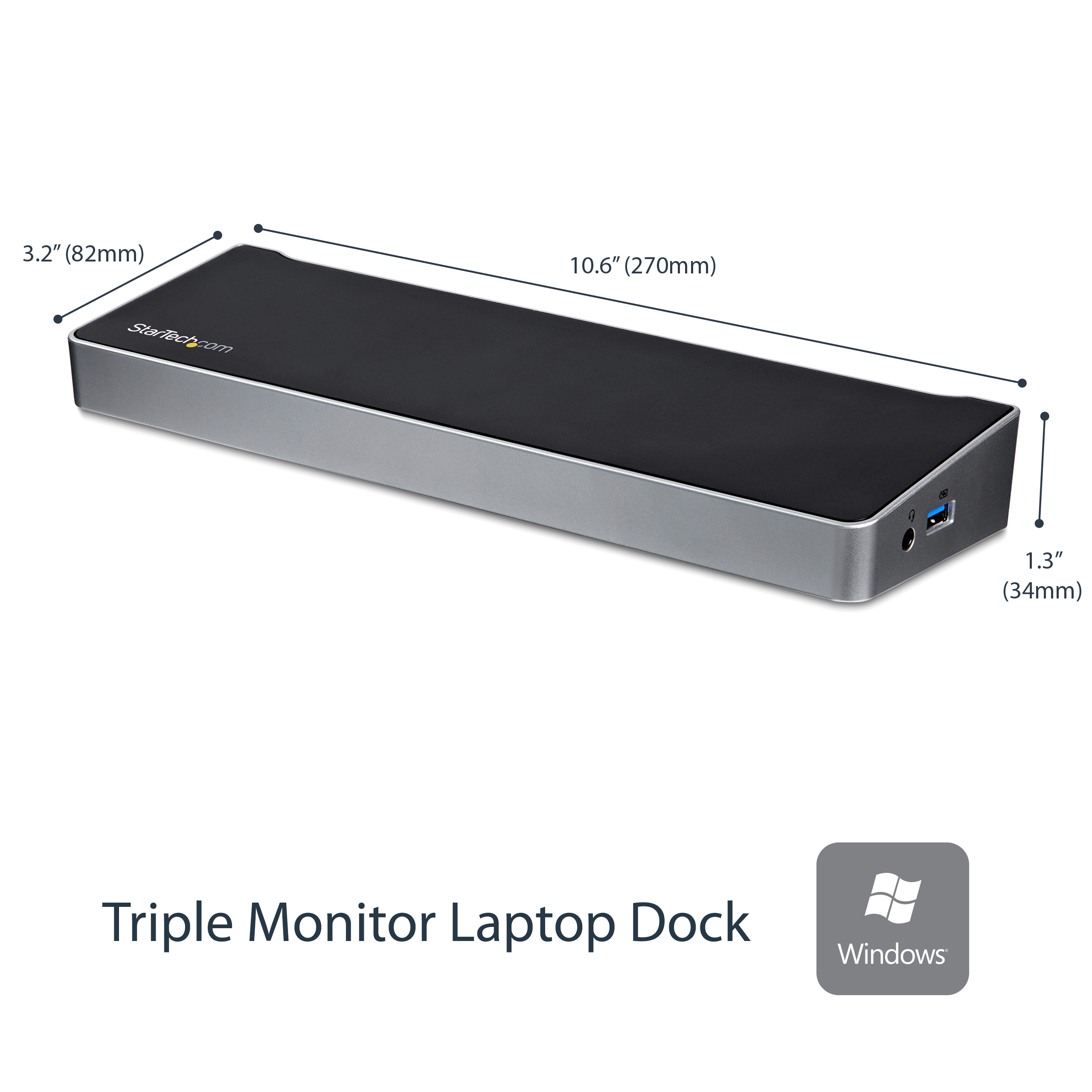Un dock per laptop argentato con dimensioni e la scritta 'Triple Monitor Laptop Dock'.